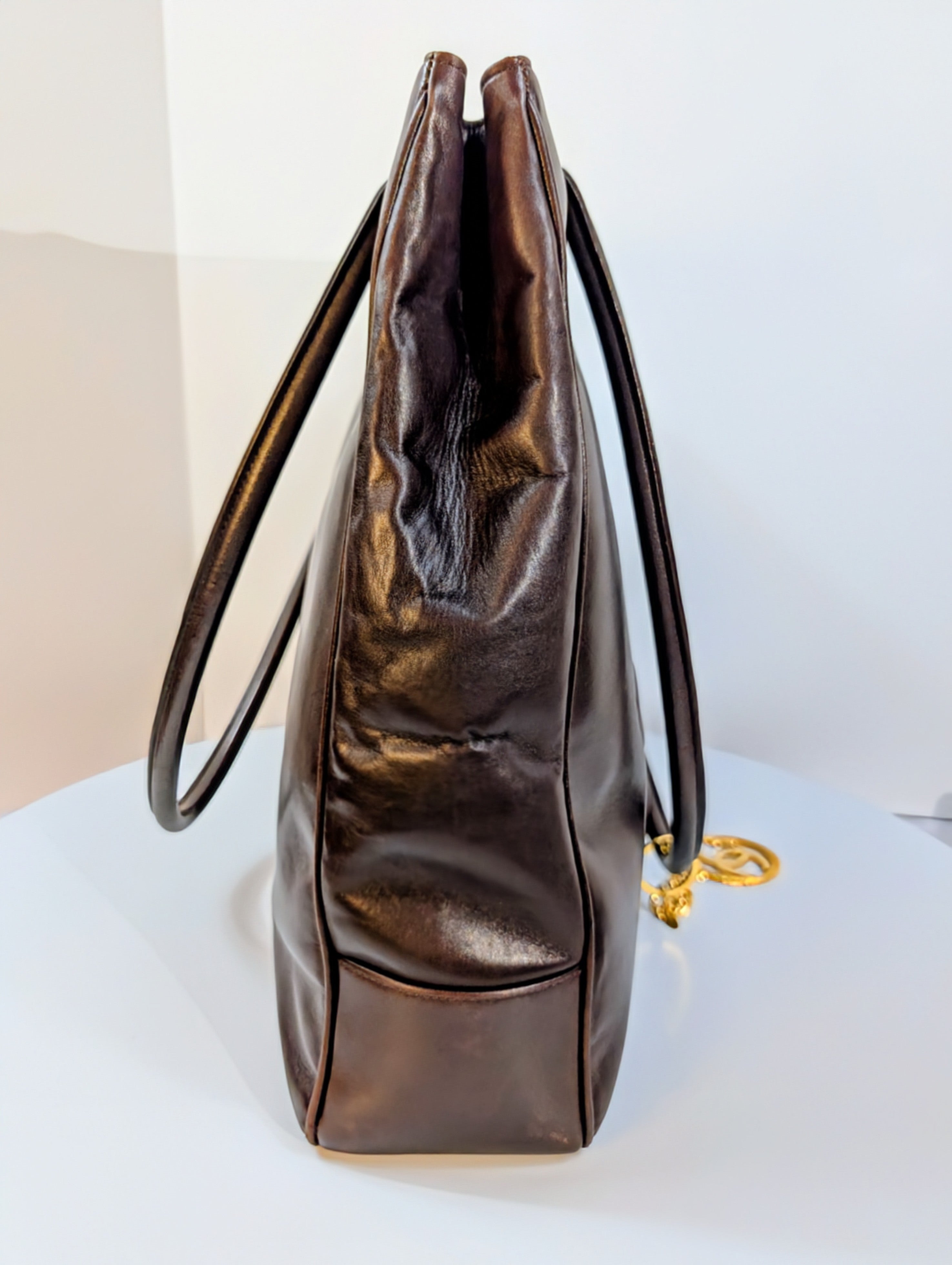 Chanel Vintage Dark Brown Chestnut Lambskin Stitched CC Tote with 24k Gold-Plated Charm