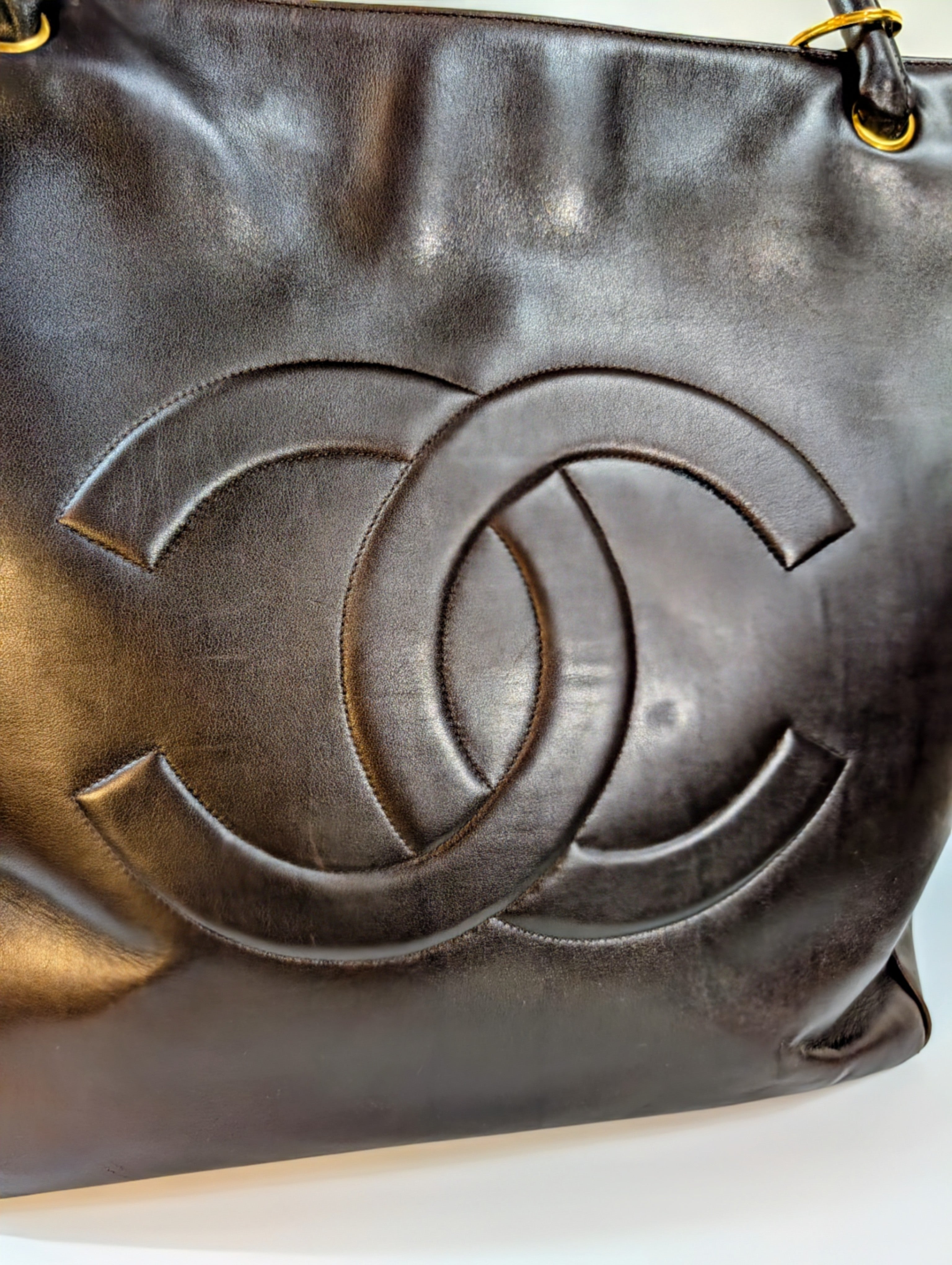 Chanel Vintage Dark Brown Chestnut Lambskin Stitched CC Tote with 24k Gold-Plated Charm