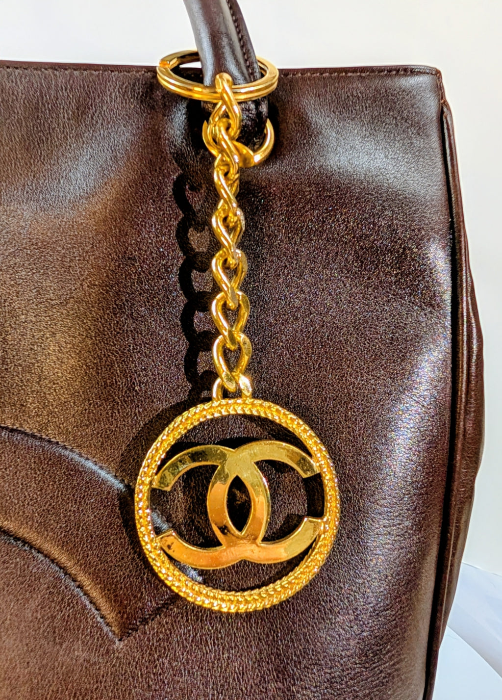 Chanel Vintage Dark Brown Chestnut Lambskin Stitched CC Tote with 24k Gold-Plated Charm