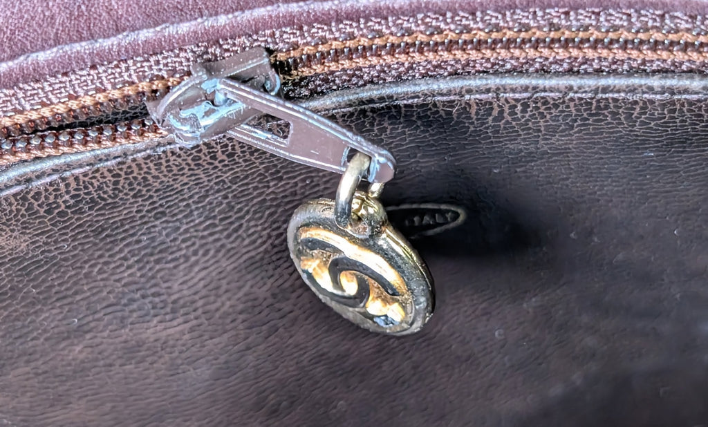 Chanel Vintage Dark Brown Chestnut Lambskin Stitched CC Tote with 24k Gold-Plated Charm