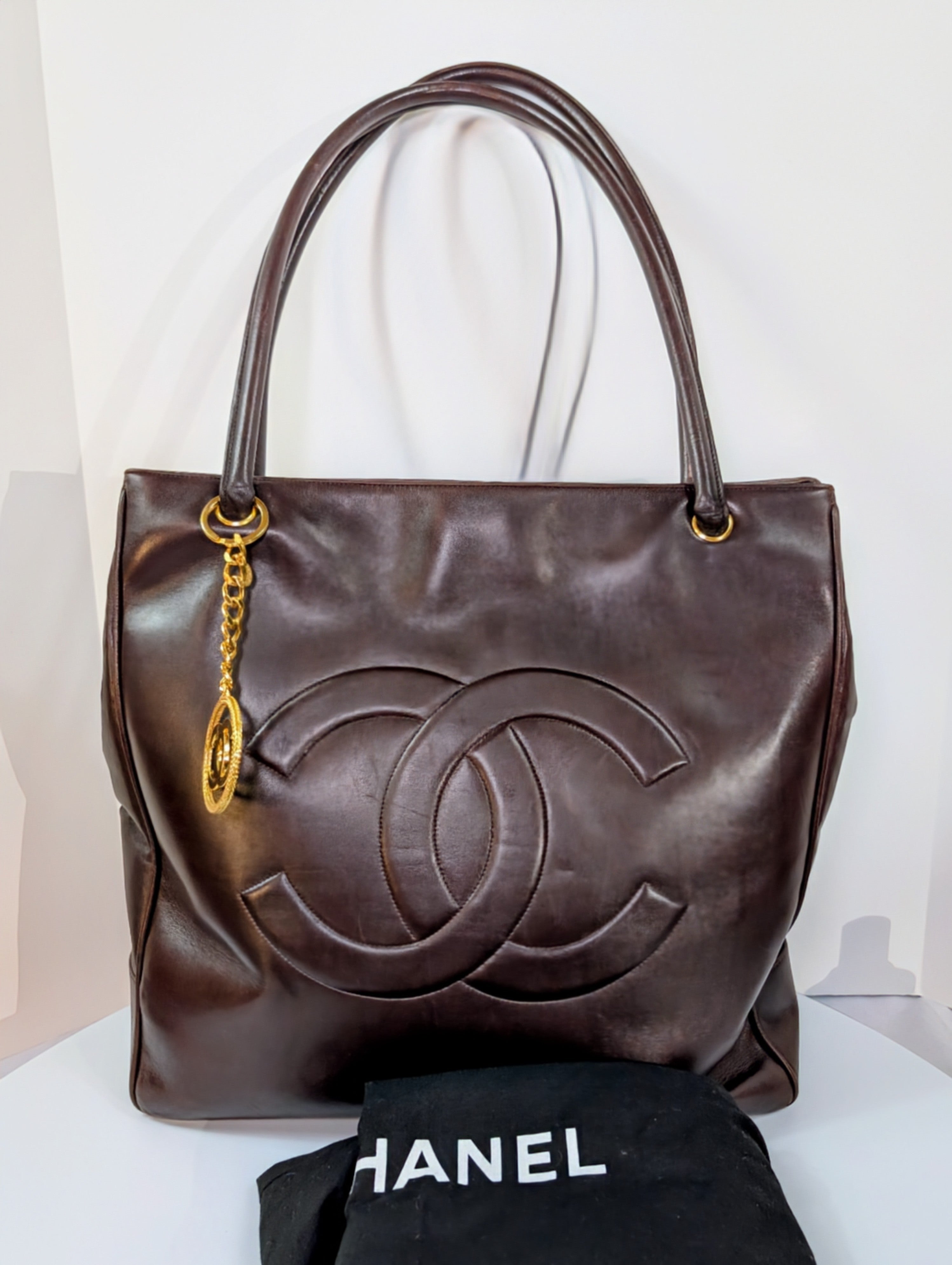 Chanel Vintage Dark Brown Chestnut Lambskin Stitched CC Tote with 24k Gold-Plated Charm