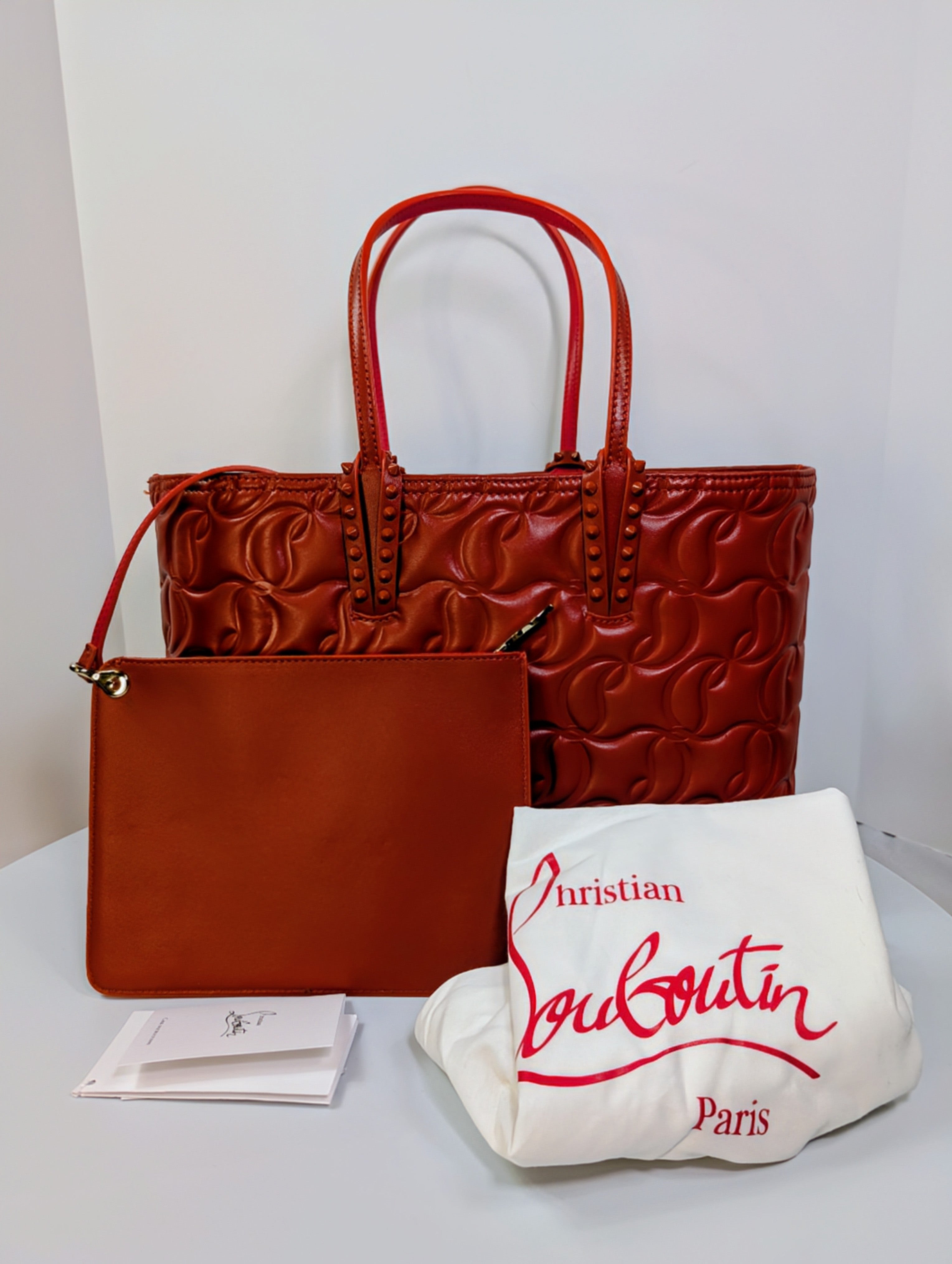 Christian Louboutin Orange Red Hall Logo-Embossed Leather Cabata Tote Bag