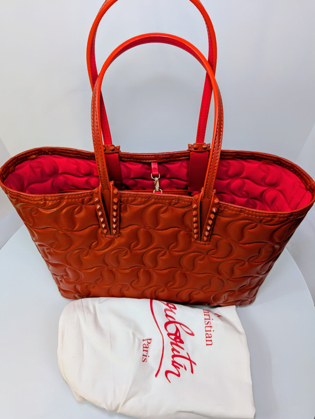 Christian Louboutin Orange Red Hall Logo-Embossed Leather Cabata Tote Bag
