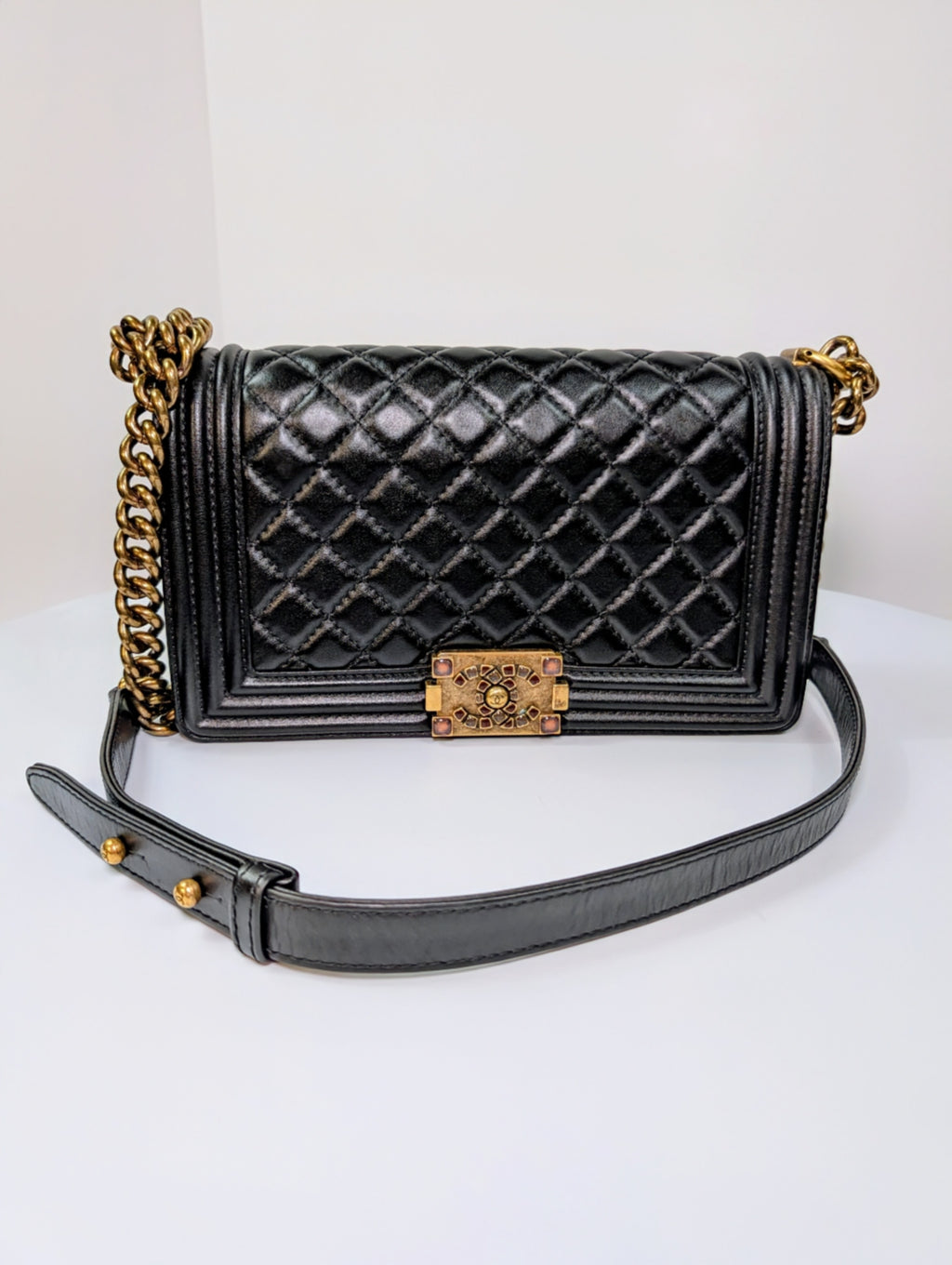 Chanel Rare Black Quilted Lambskin Medium Boy Bag with Jeweled Clasp