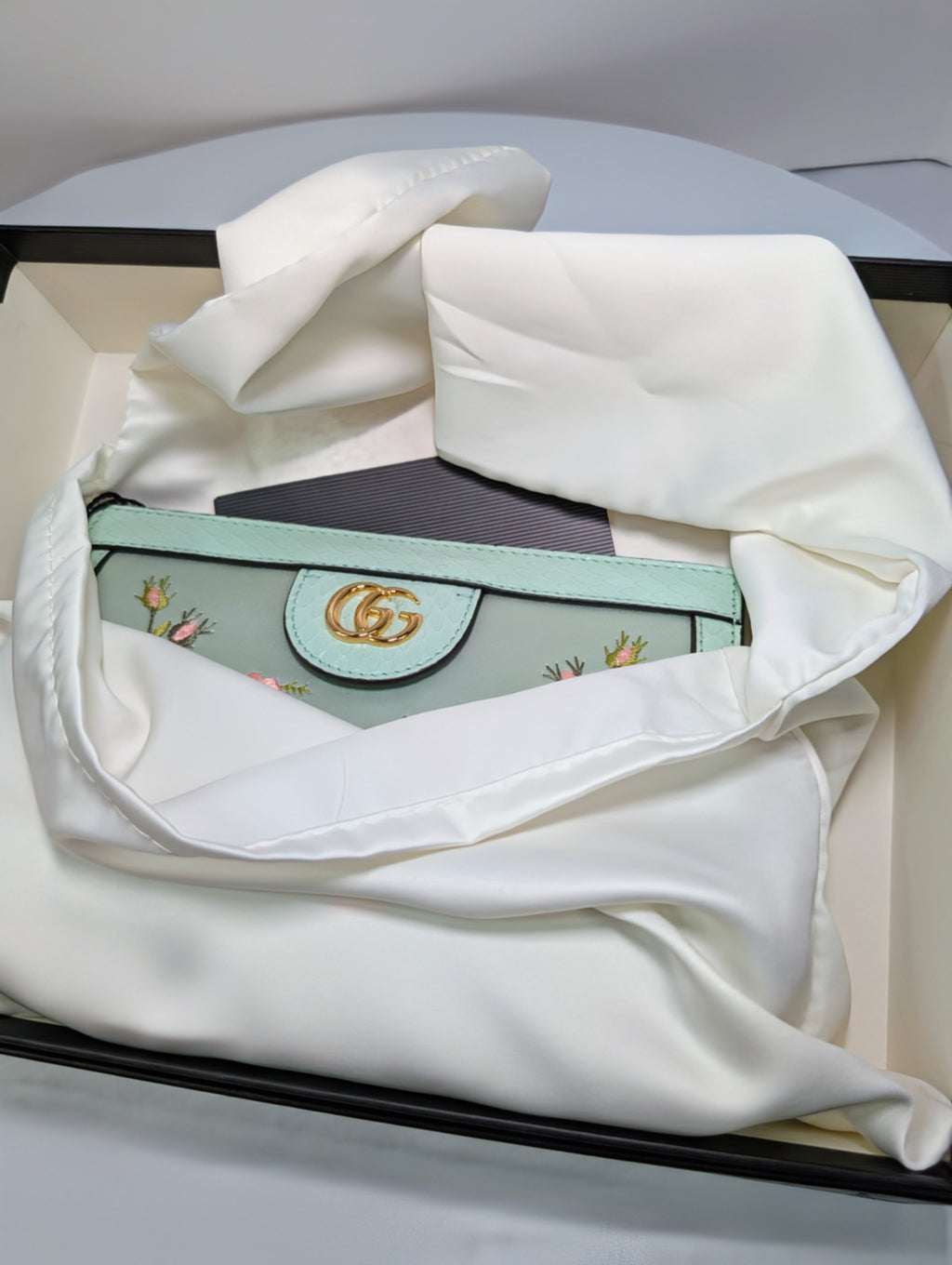 Gucci Mint Green Ophidia Floral Embroidered Satin, Python Shoulder Bag w Tags