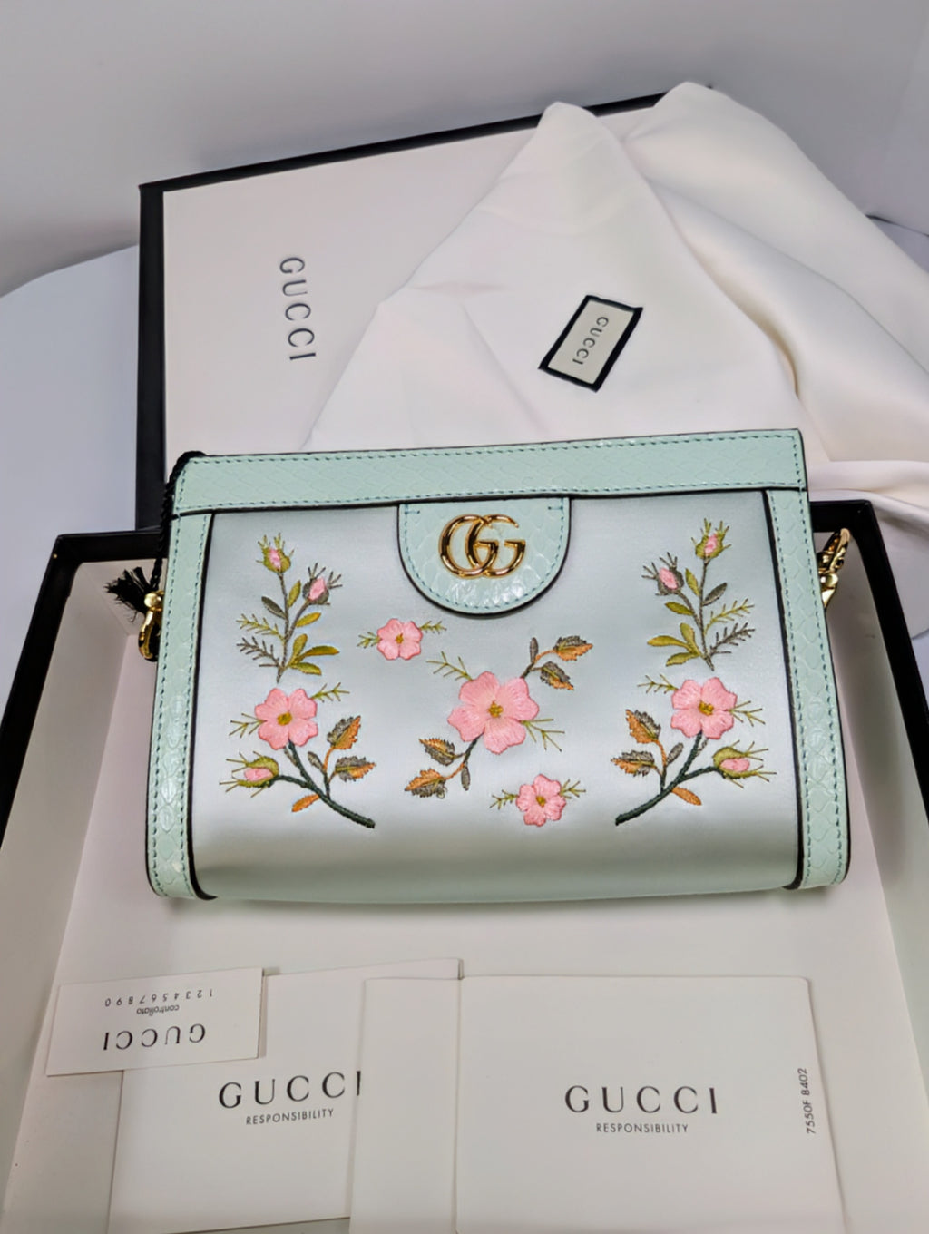 Gucci Mint Green Ophidia Floral Embroidered Satin, Python Shoulder Bag w Tags