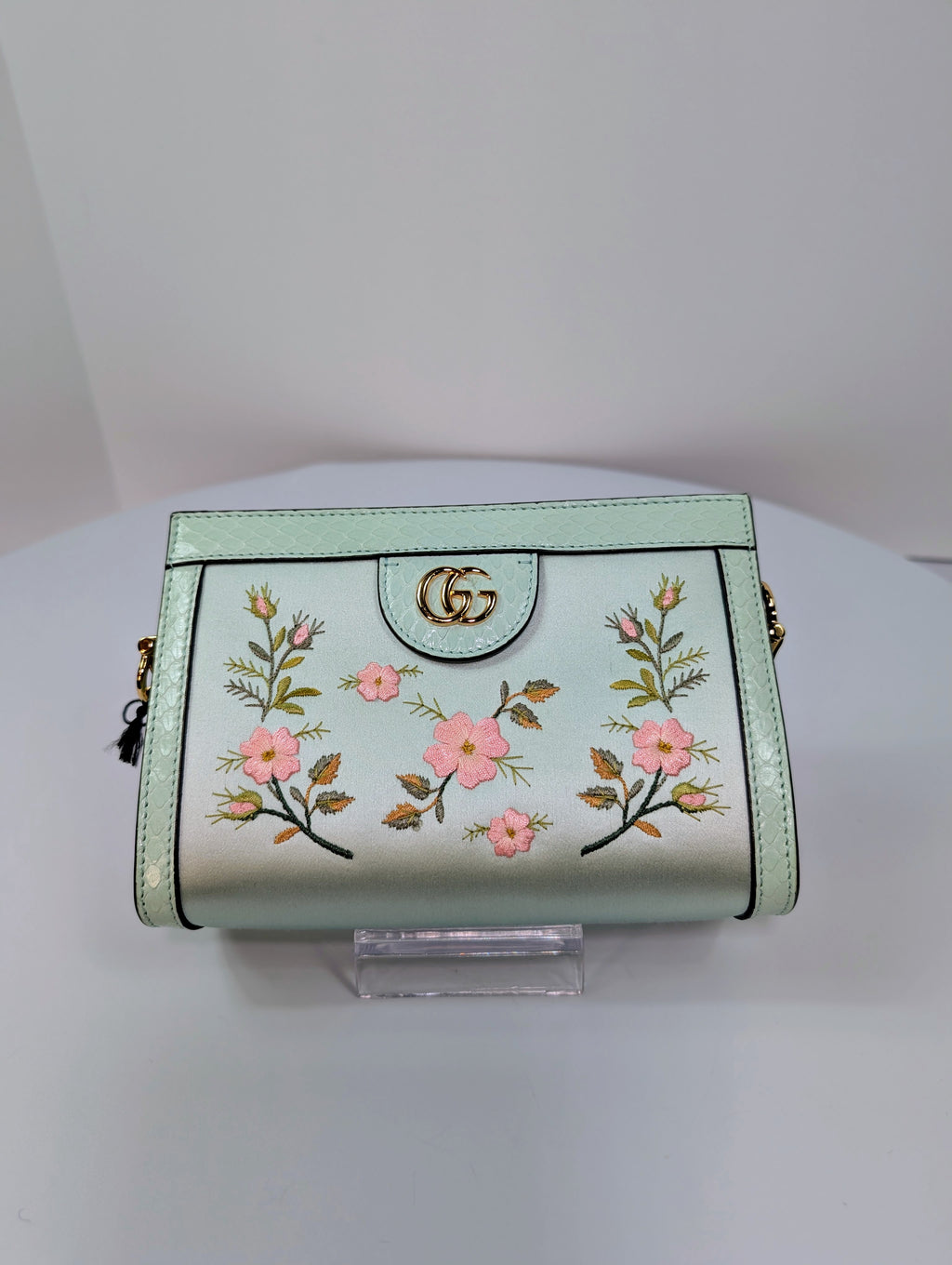 Gucci Mint Green Ophidia Floral Embroidered Satin, Python Shoulder Bag w Tags