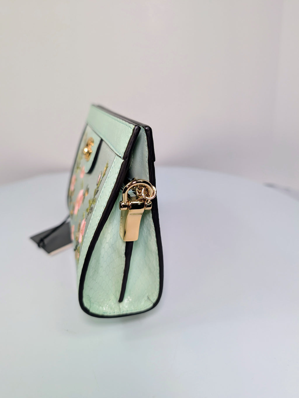 Gucci Mint Green Ophidia Floral Embroidered Satin, Python Shoulder Bag w Tags