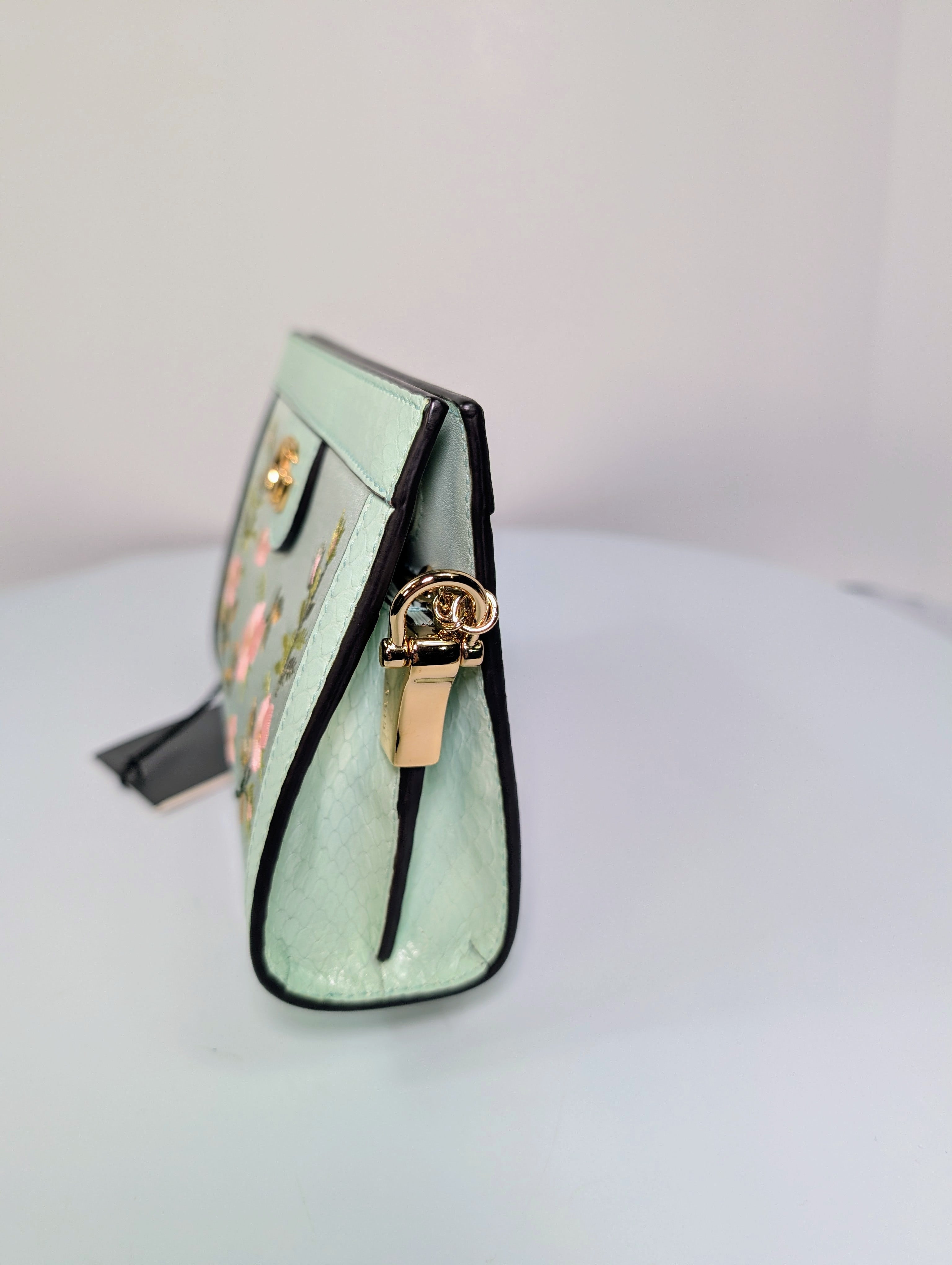 Gucci Mint Green Ophidia Floral Embroidered Satin, Python Shoulder Bag w Tags