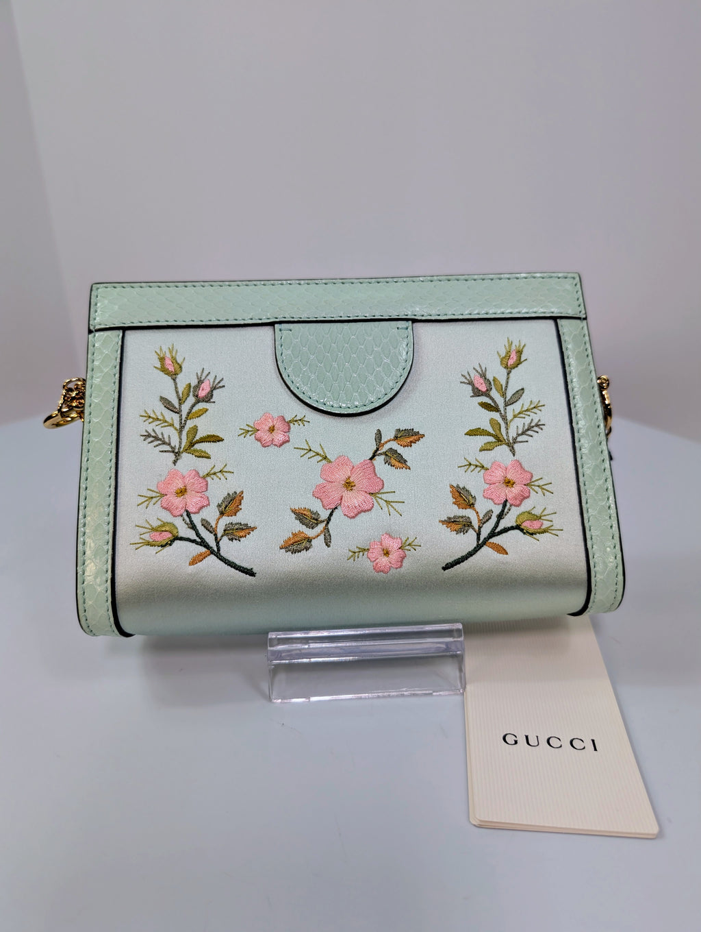 Gucci Mint Green Ophidia Floral Embroidered Satin, Python Shoulder Bag w Tags