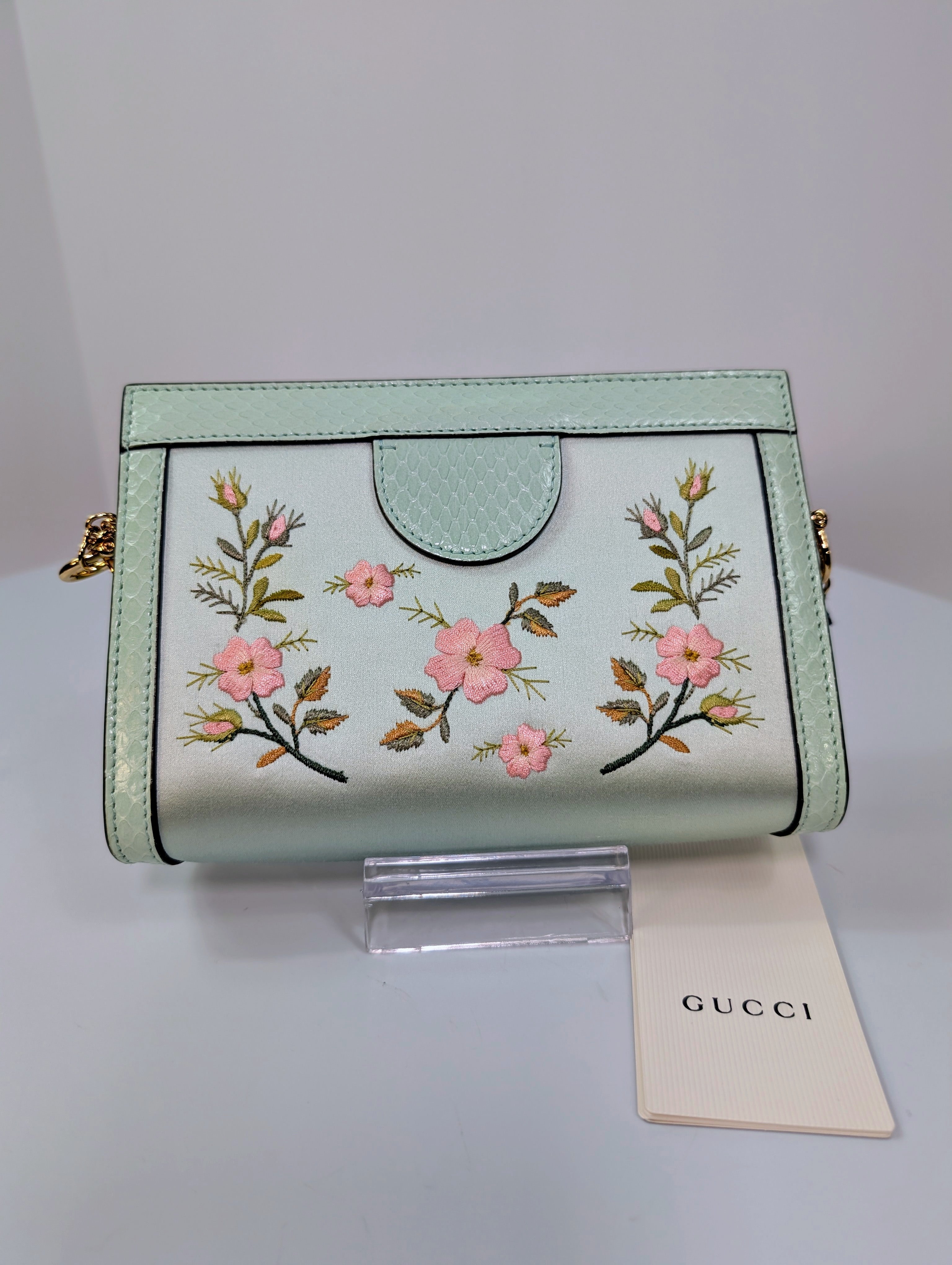 Gucci Mint Green Ophidia Floral Embroidered Satin, Python Shoulder Bag w Tags