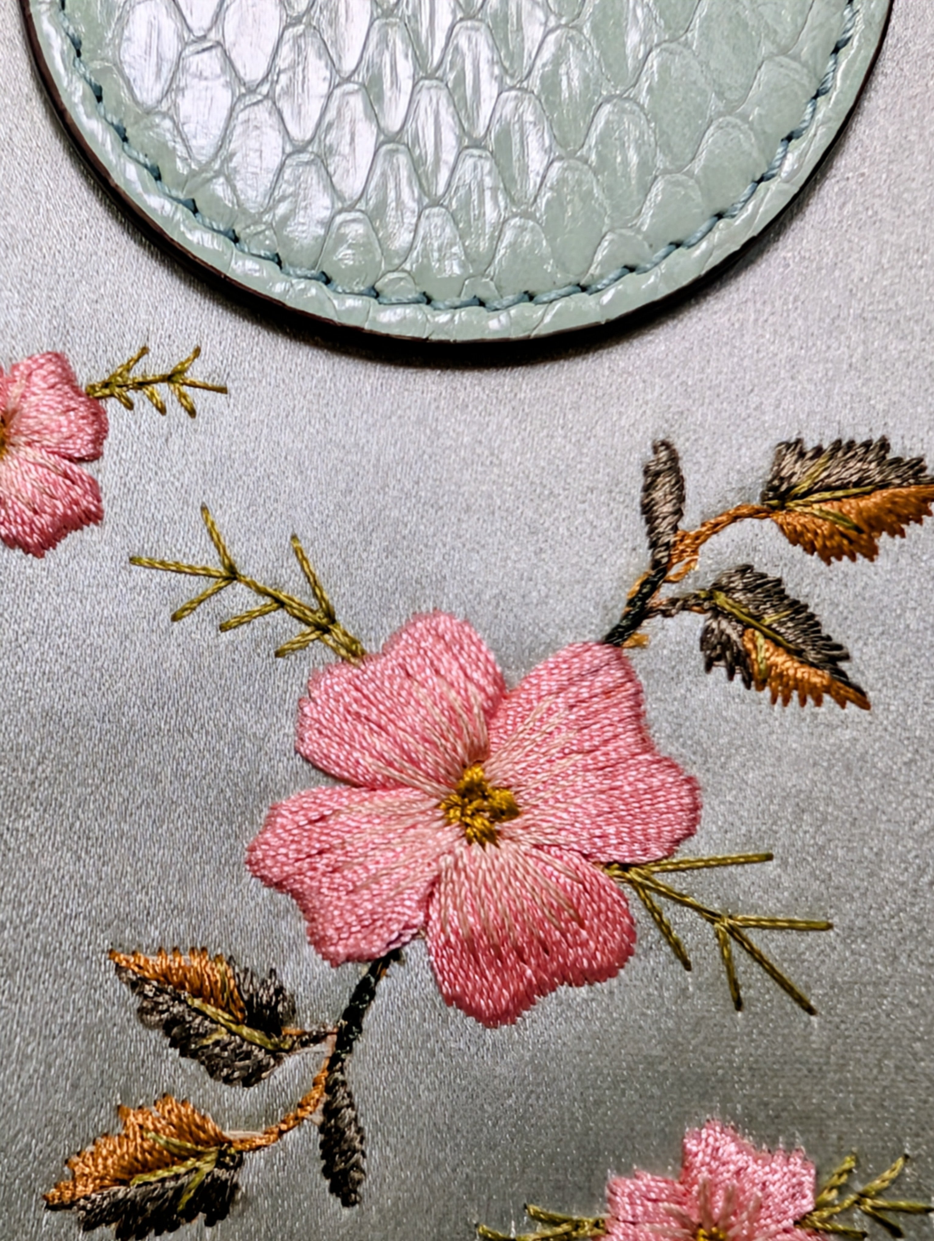 Gucci Mint Green Ophidia Floral Embroidered Satin, Python Shoulder Bag w Tags