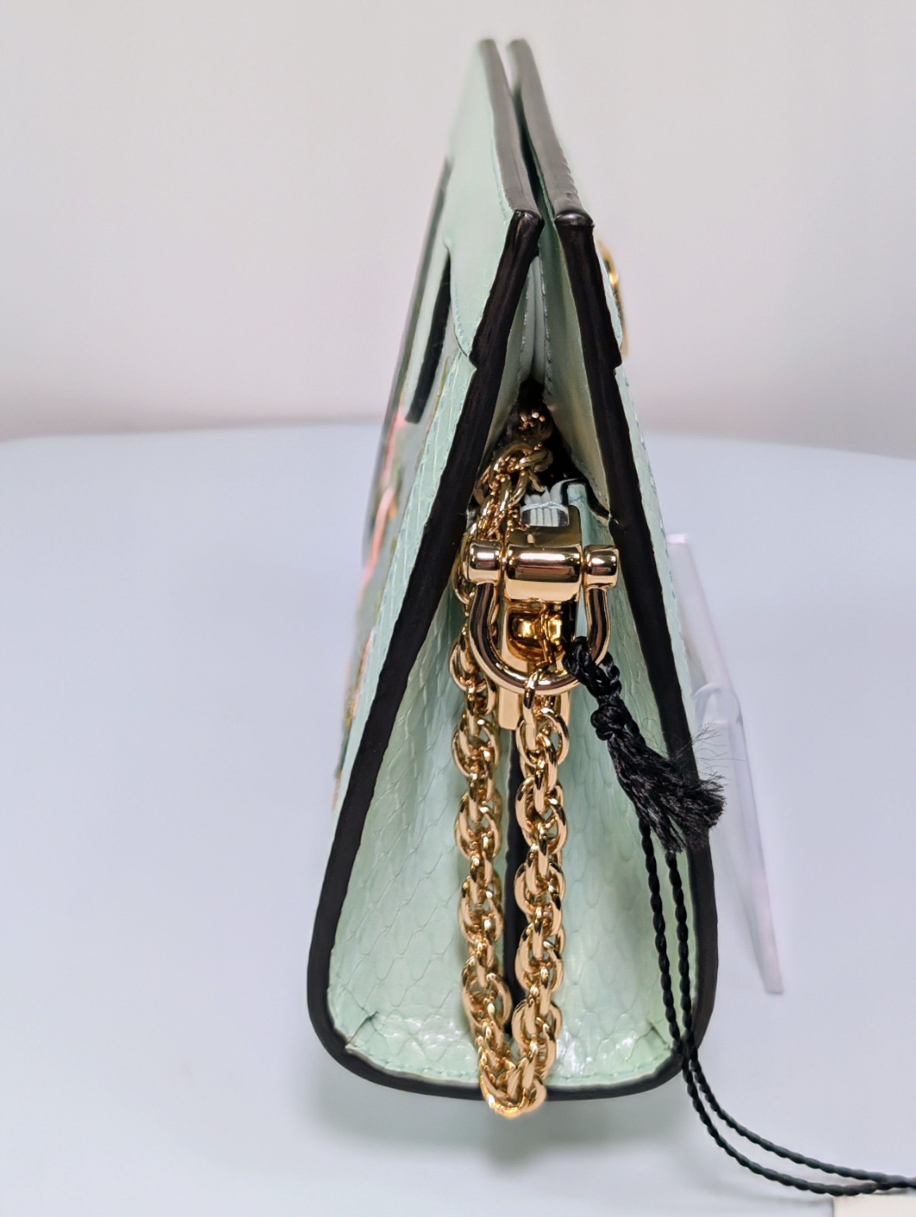 Gucci Mint Green Ophidia Floral Embroidered Satin, Python Shoulder Bag w Tags