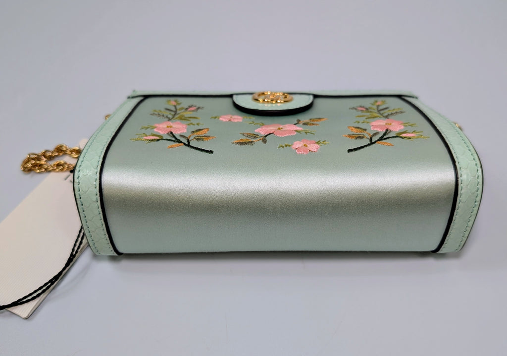 Gucci Mint Green Ophidia Floral Embroidered Satin, Python Shoulder Bag w Tags