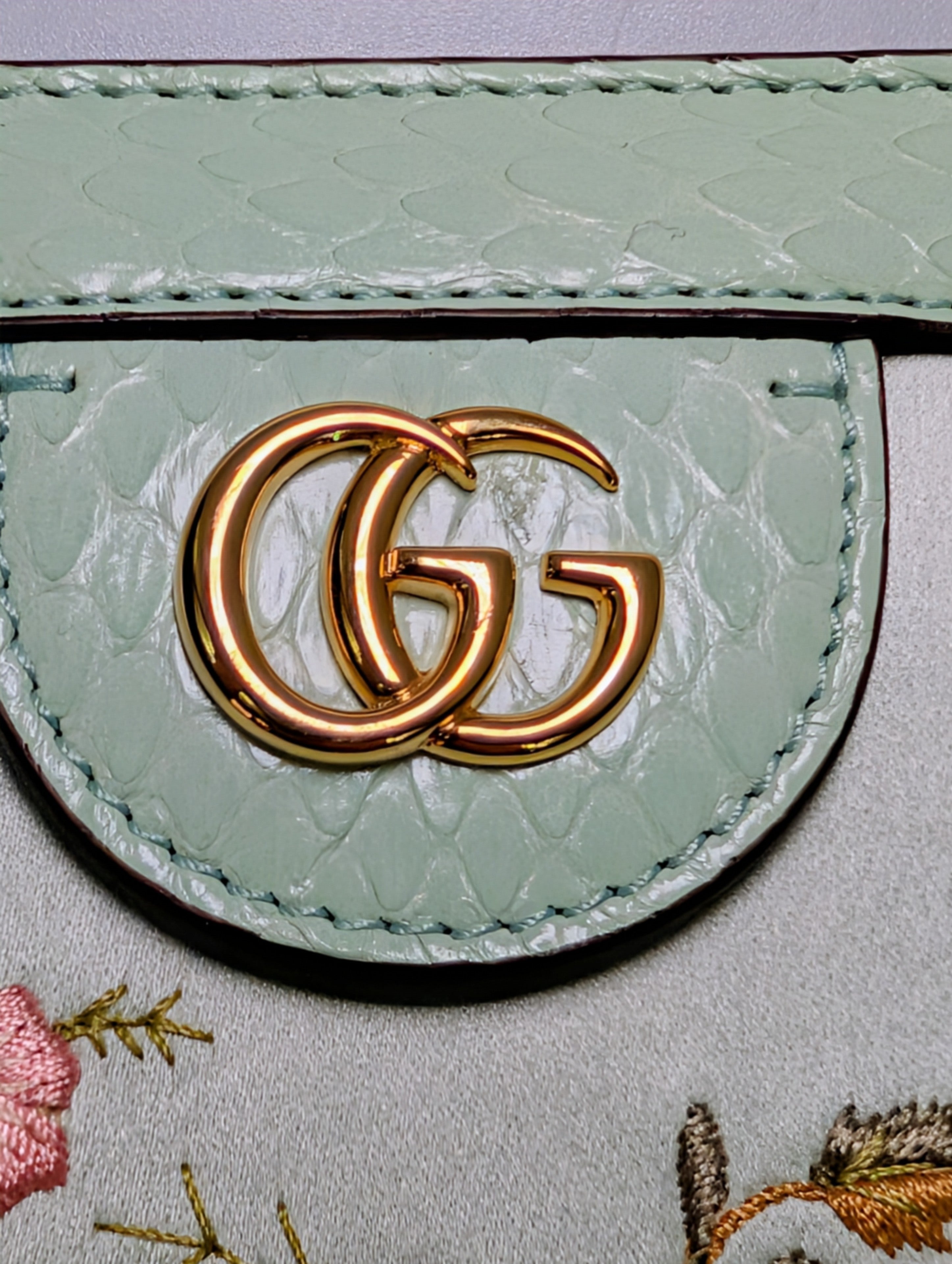 Gucci Mint Green Ophidia Floral Embroidered Satin, Python Shoulder Bag w Tags