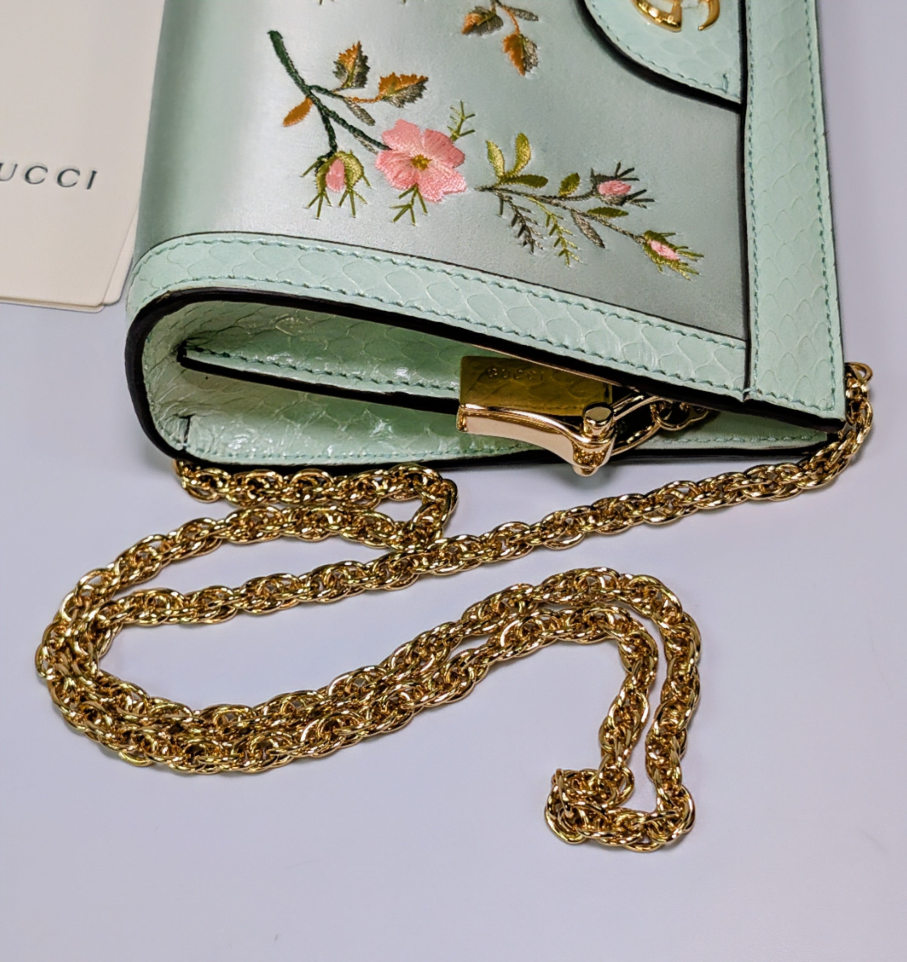 Gucci Mint Green Ophidia Floral Embroidered Satin, Python Shoulder Bag w Tags