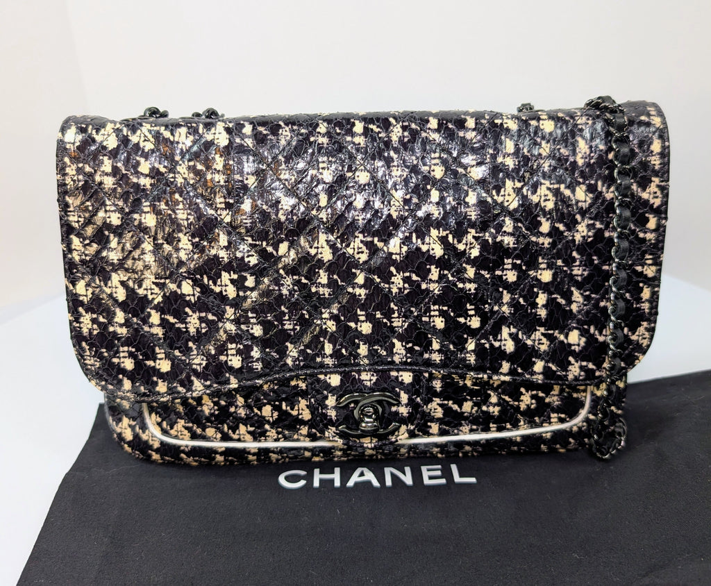 Chanel Black and Cream Python Snakeskin Leather Houndstooth Flap Bag