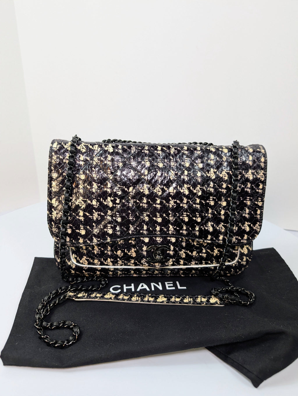 Chanel Black and Cream Python Snakeskin Leather Houndstooth Flap Bag