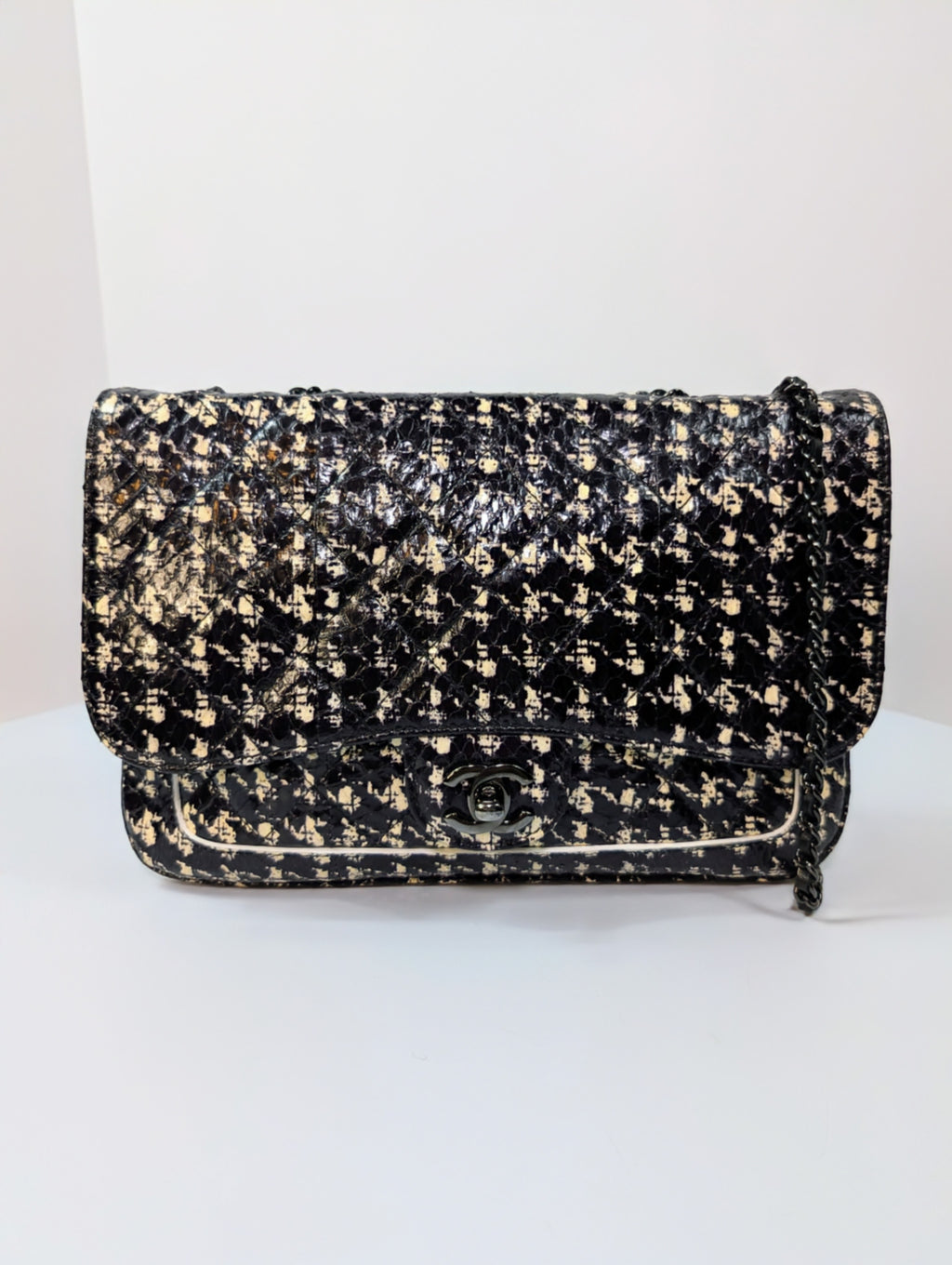 Chanel Black and Cream Python Snakeskin Leather Houndstooth Flap Bag