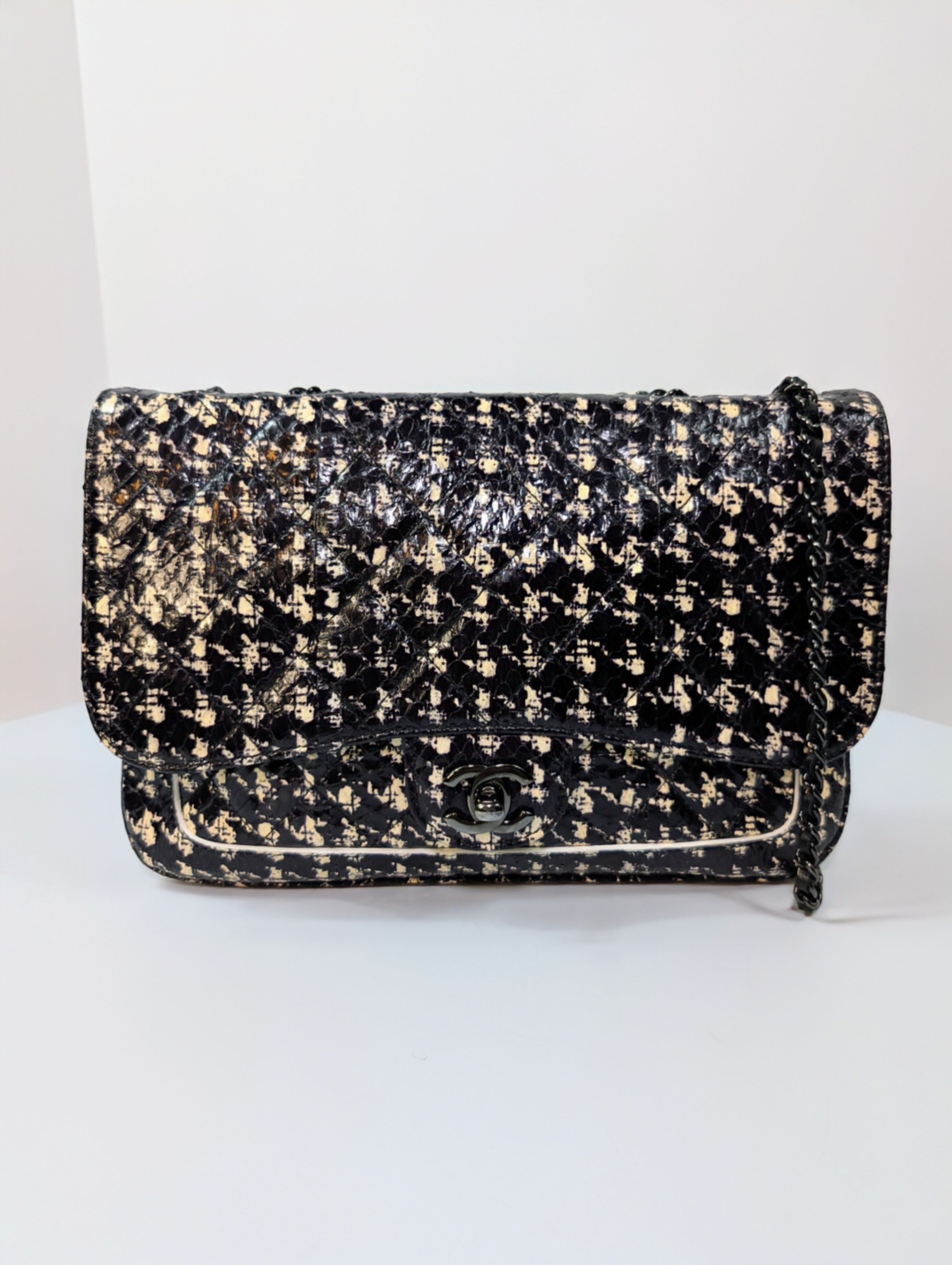 Chanel Black and Cream Python Snakeskin Leather Houndstooth Flap Bag