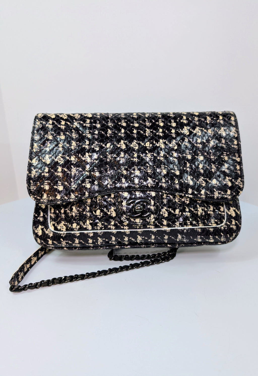 Chanel Black and Cream Python Snakeskin Leather Houndstooth Flap Bag
