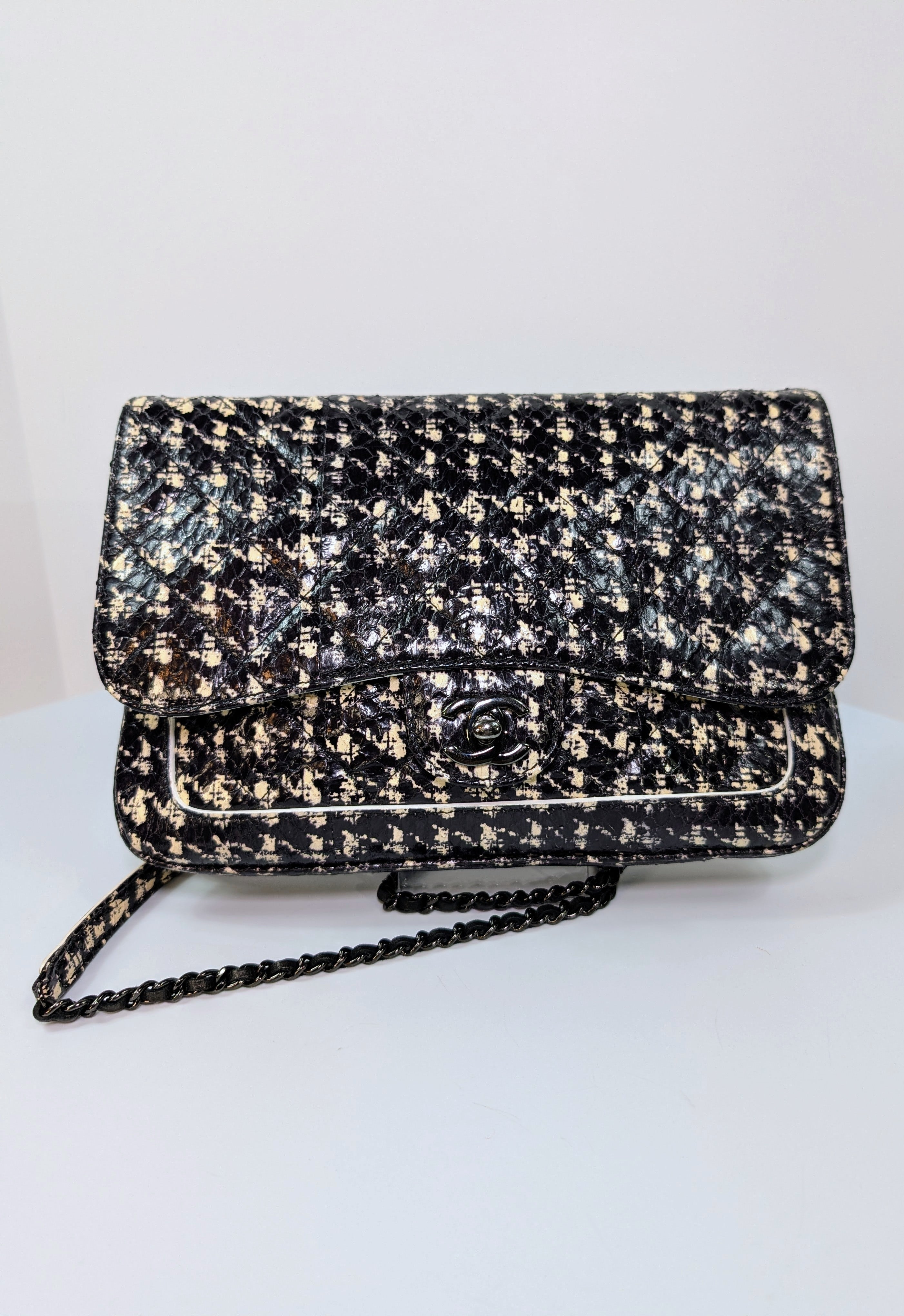 Chanel Black and Cream Python Snakeskin Leather Houndstooth Flap Bag