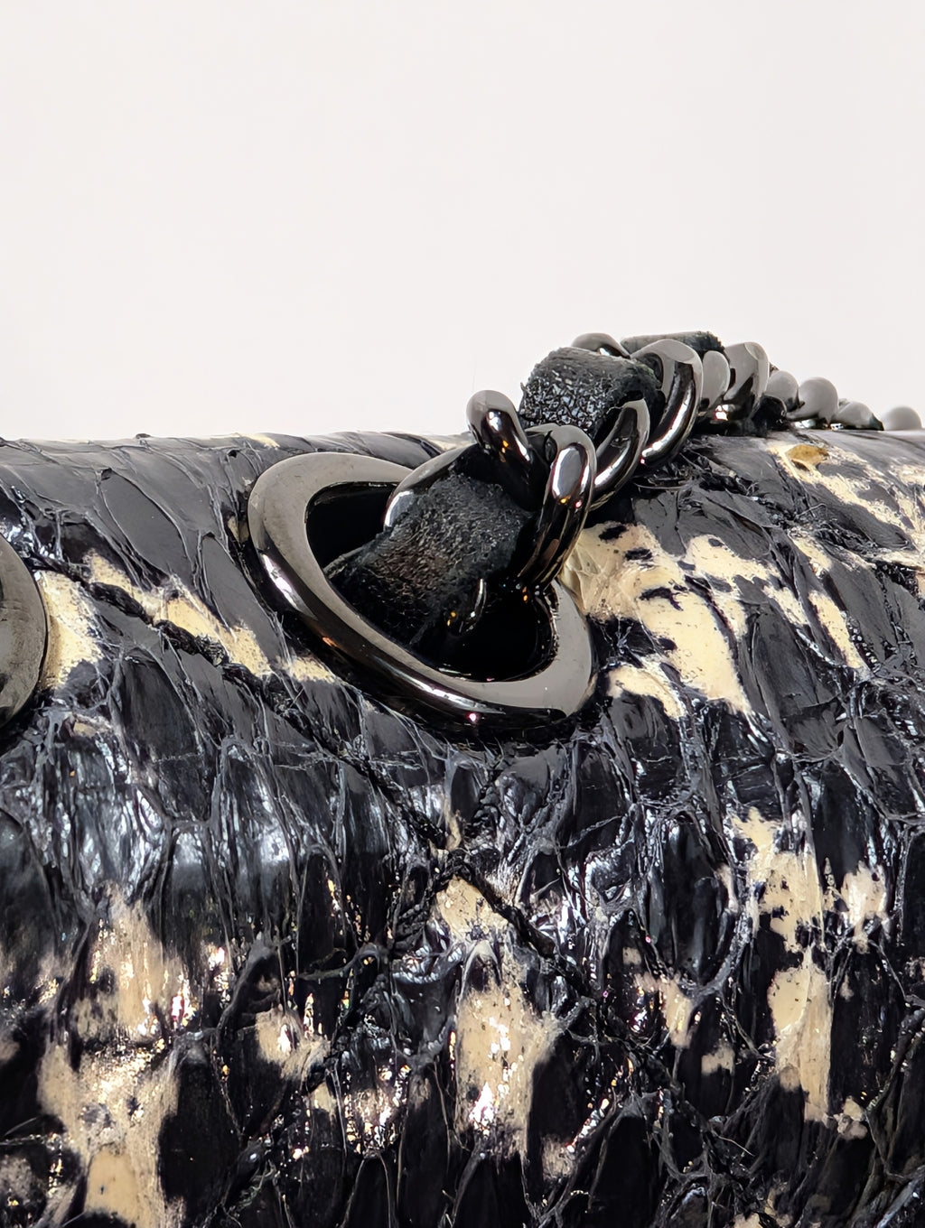 Chanel Black and Cream Python Snakeskin Leather Houndstooth Flap Bag