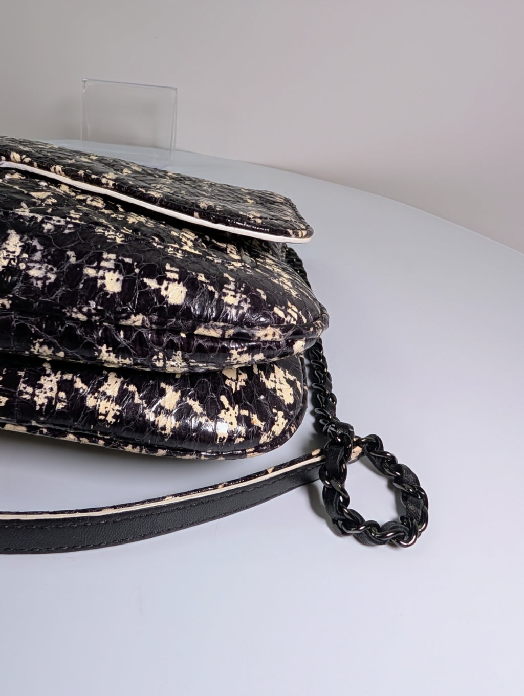 Chanel Black and Cream Python Snakeskin Leather Houndstooth Flap Bag