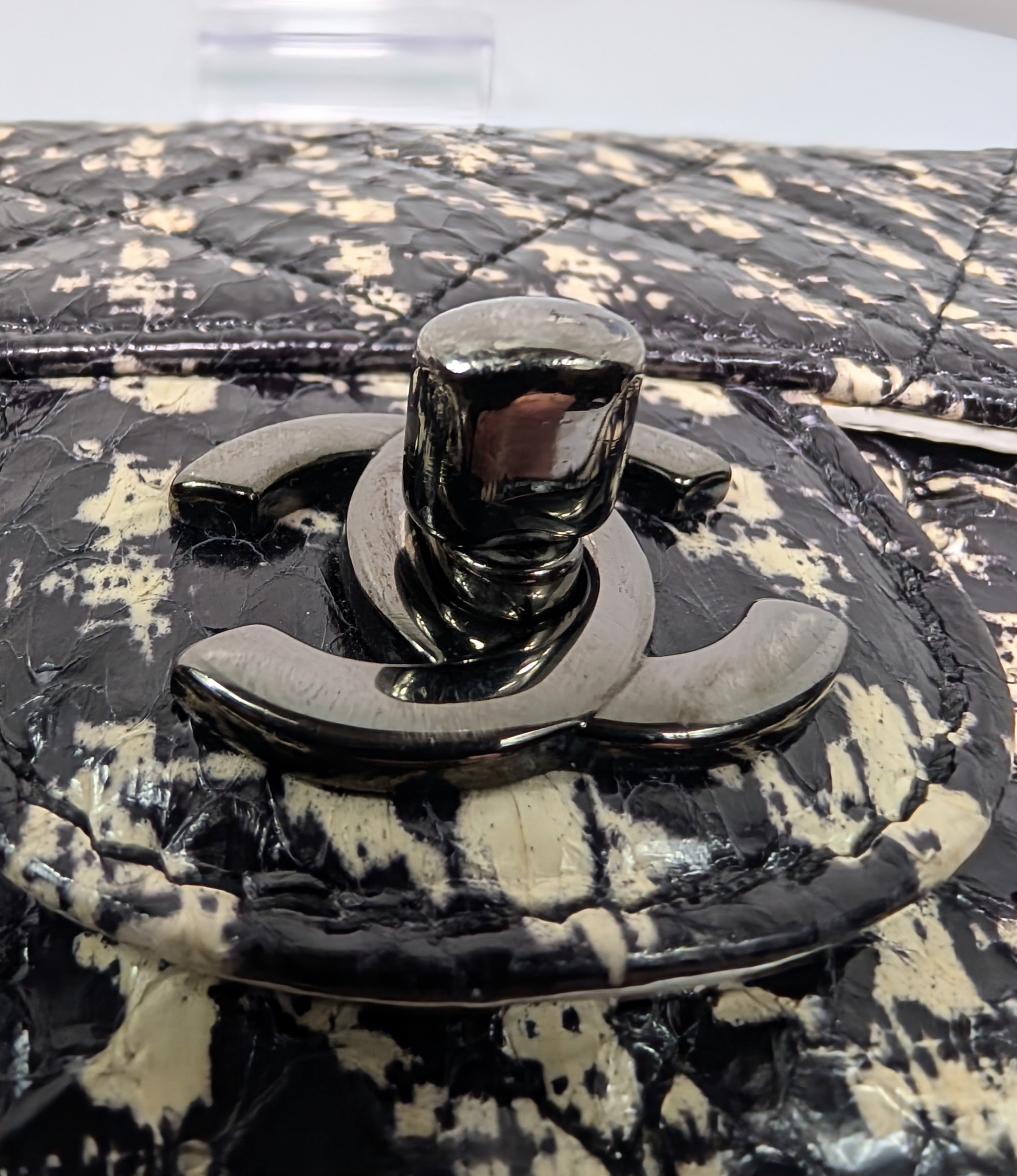 Chanel Black and Cream Python Snakeskin Leather Houndstooth Flap Bag