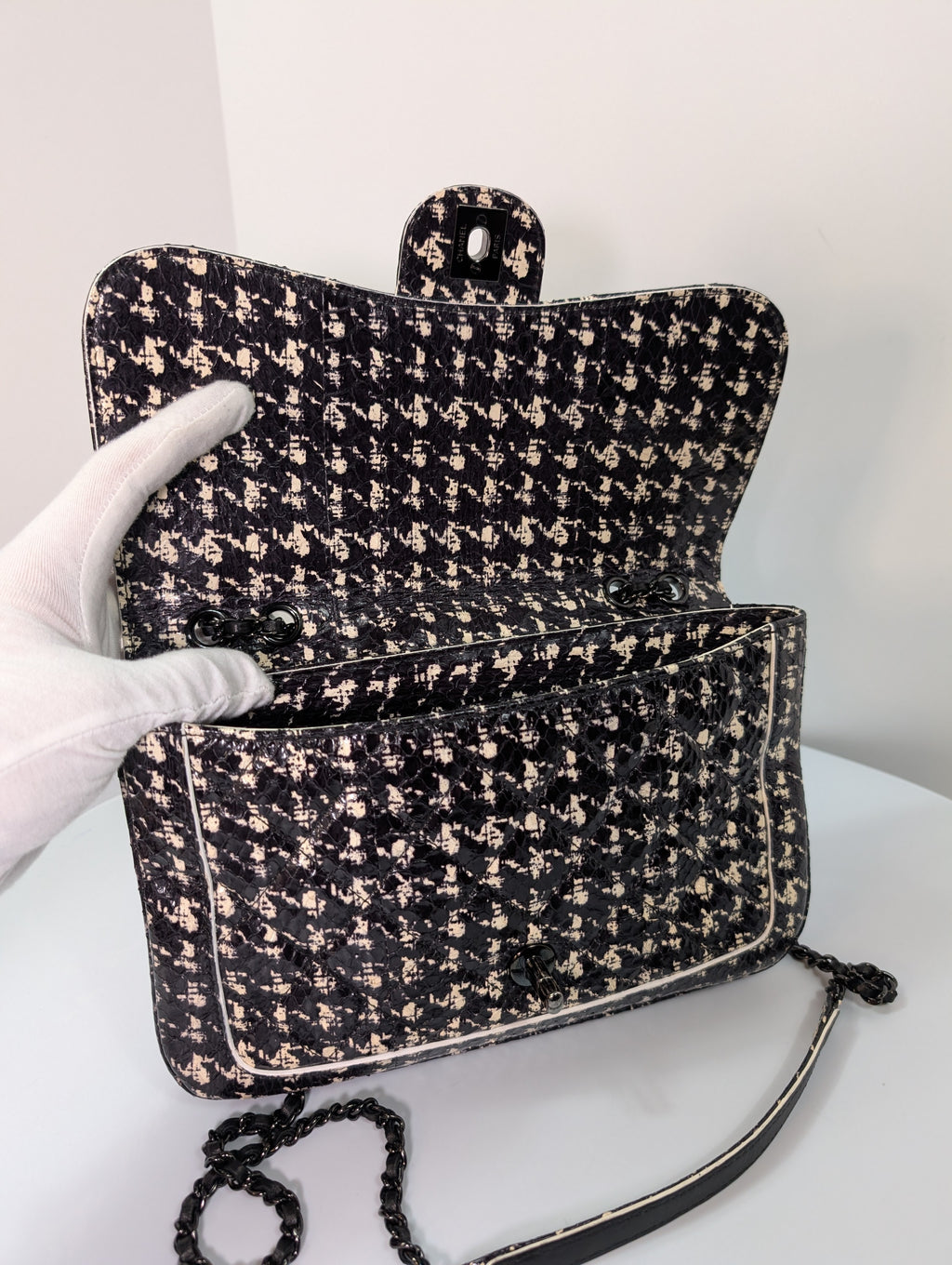 Chanel Black and Cream Python Snakeskin Leather Houndstooth Flap Bag