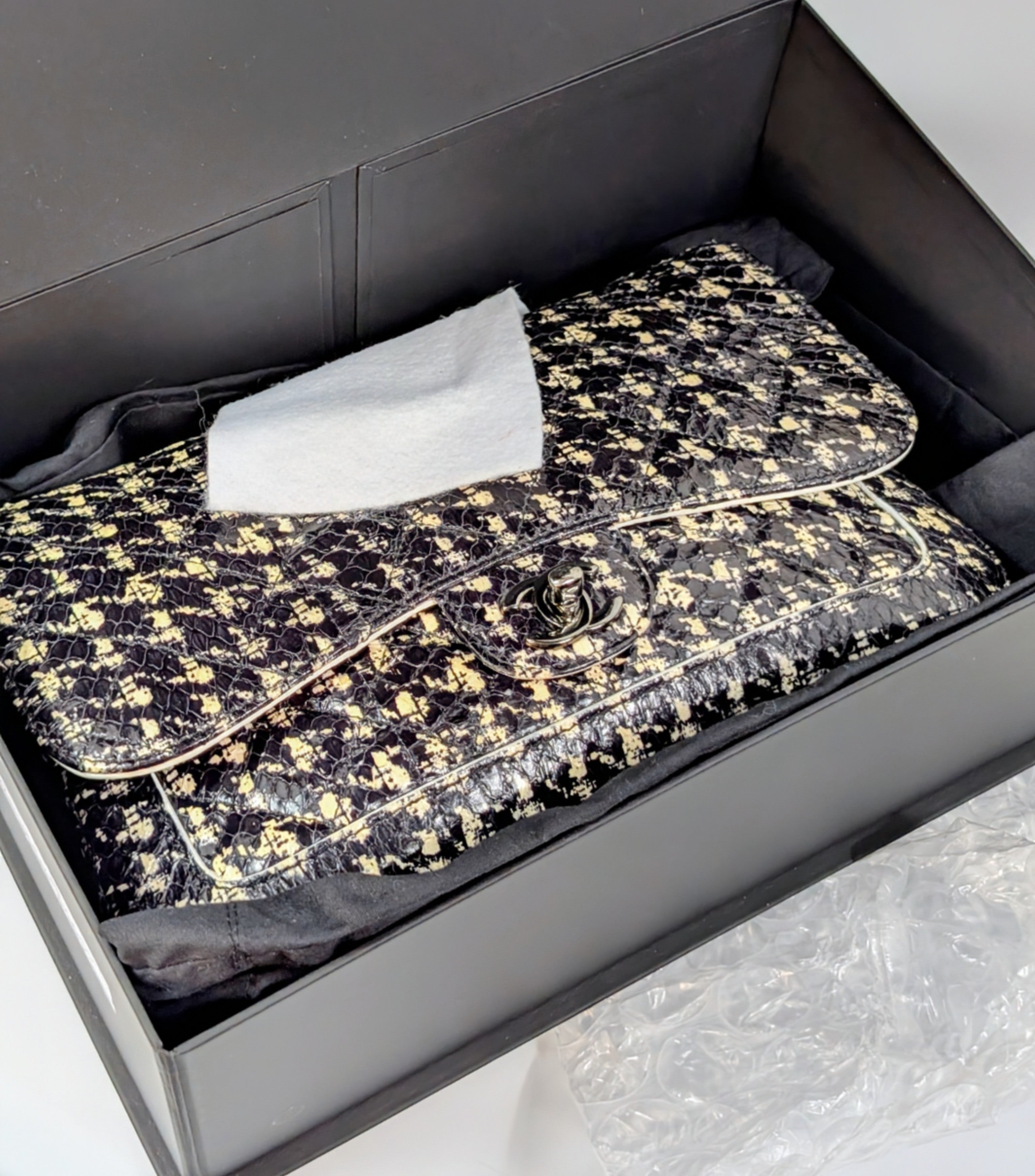 Chanel Black and Cream Python Snakeskin Leather Houndstooth Flap Bag