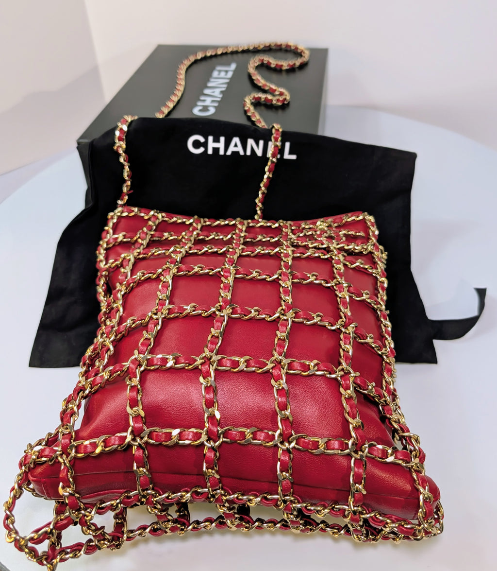 Chanel Limited-Edition Red Lambskin Runway Chain Cage Shopping Bag
