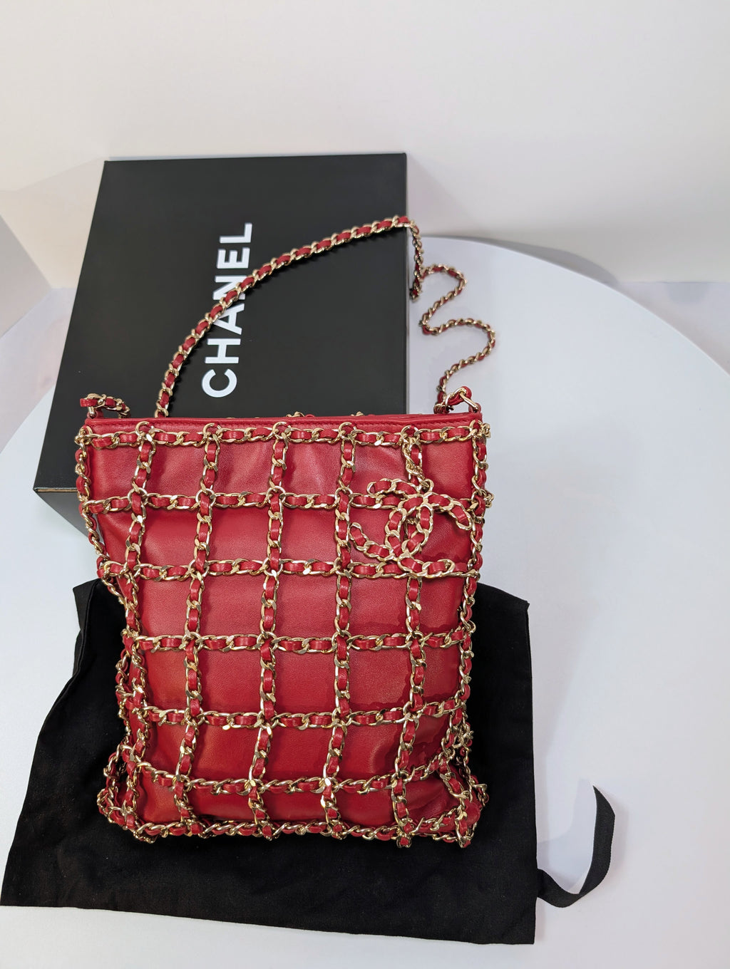 Chanel Limited-Edition Red Lambskin Runway Chain Cage Shopping Bag