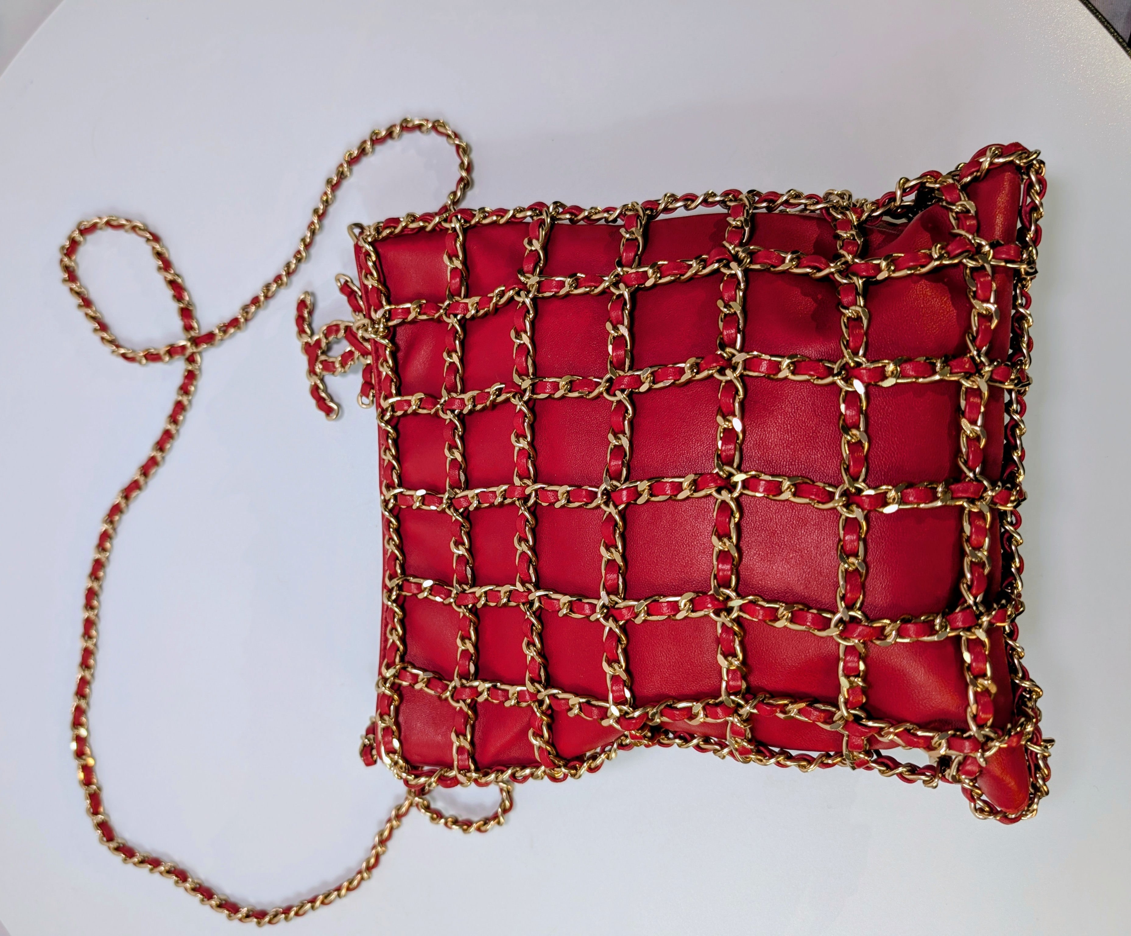 Chanel Limited-Edition Red Lambskin Runway Chain Cage Shopping Bag