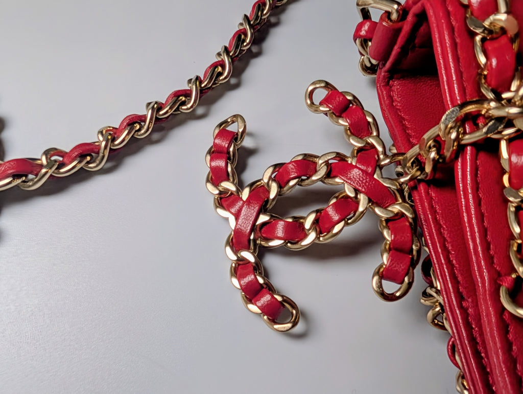 Chanel Limited-Edition Red Lambskin Runway Chain Cage Shopping Bag