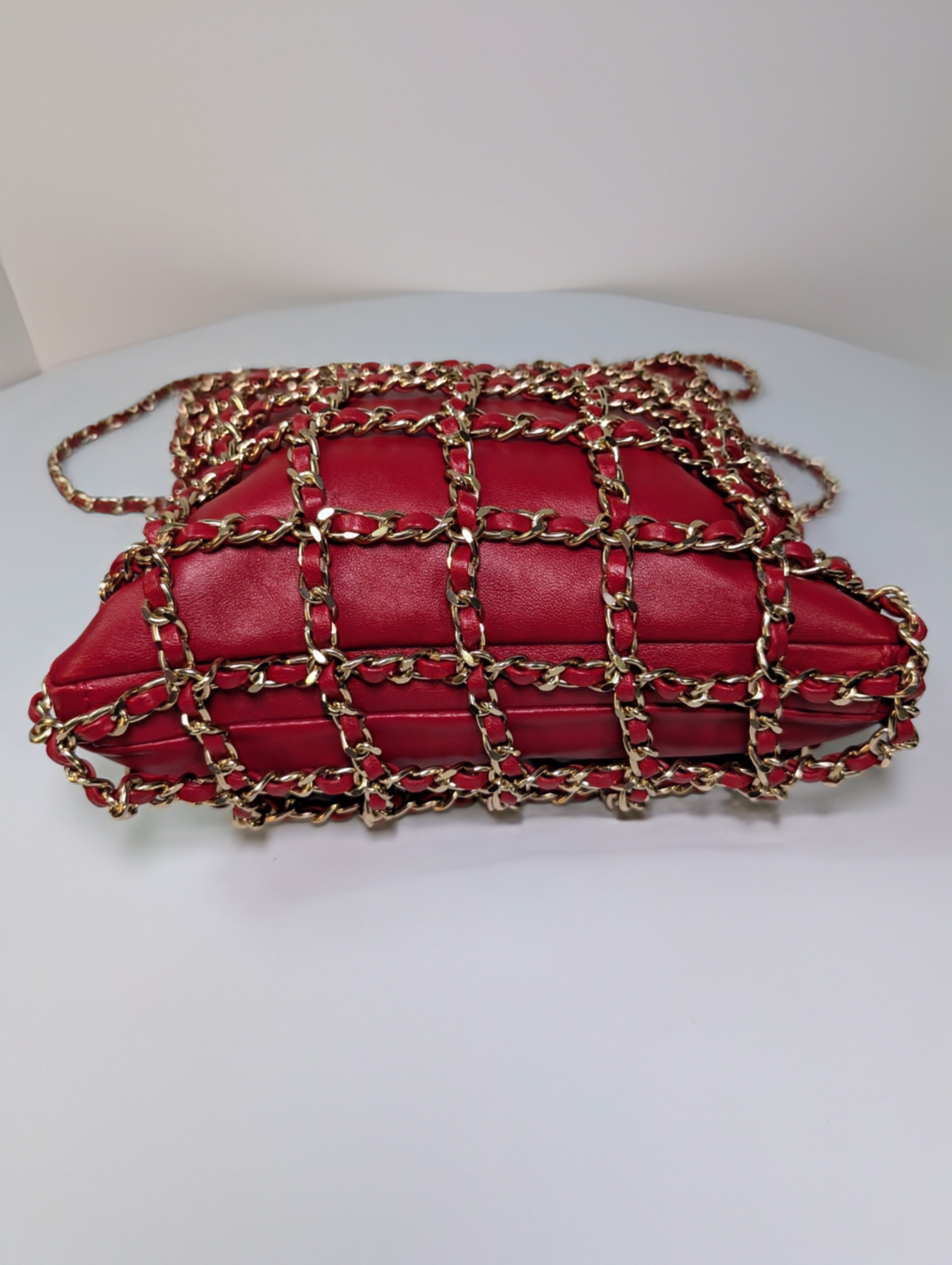 Chanel Limited-Edition Red Lambskin Runway Chain Cage Shopping Bag