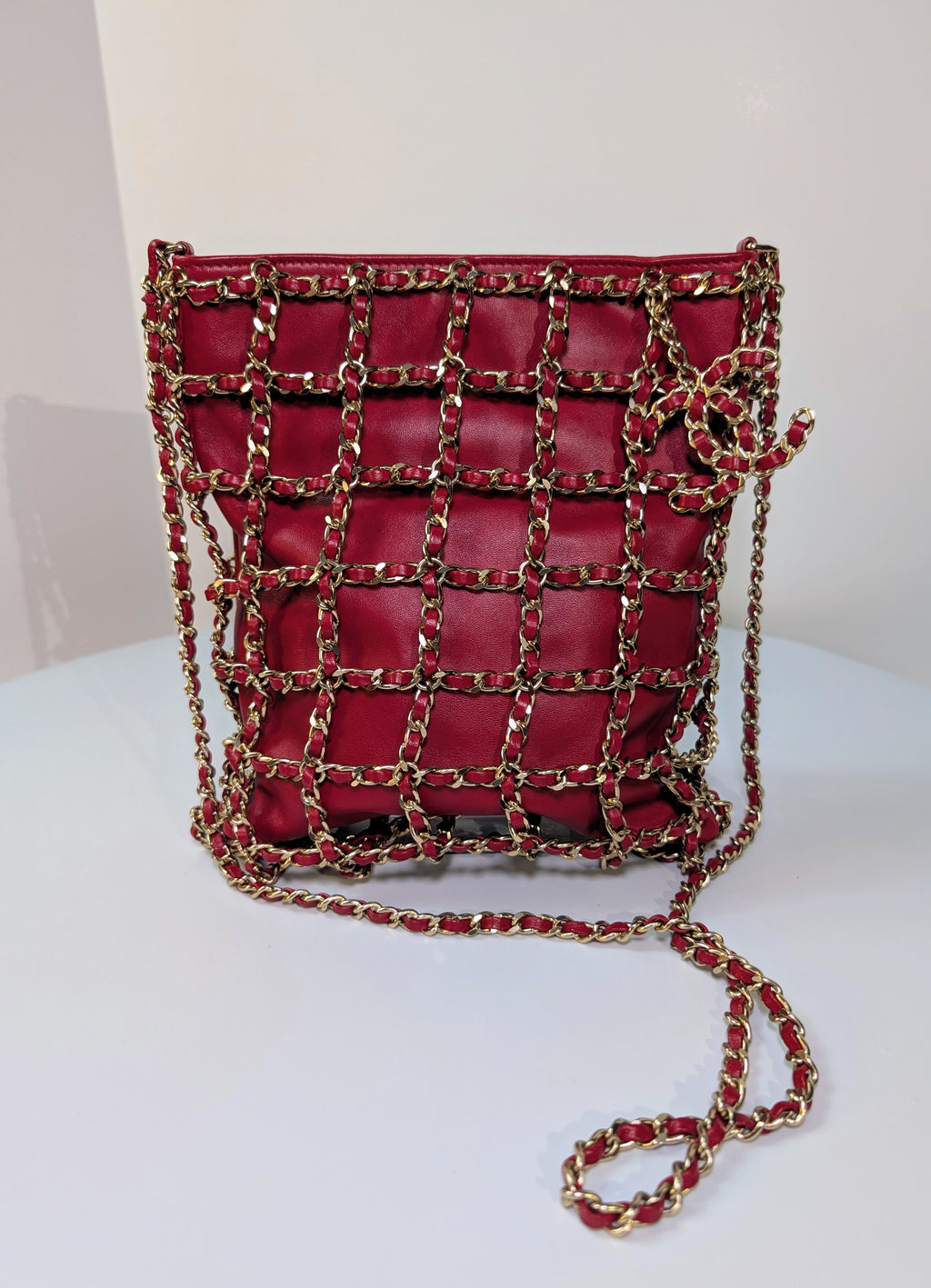 Chanel Limited-Edition Red Lambskin Runway Chain Cage Shopping Bag
