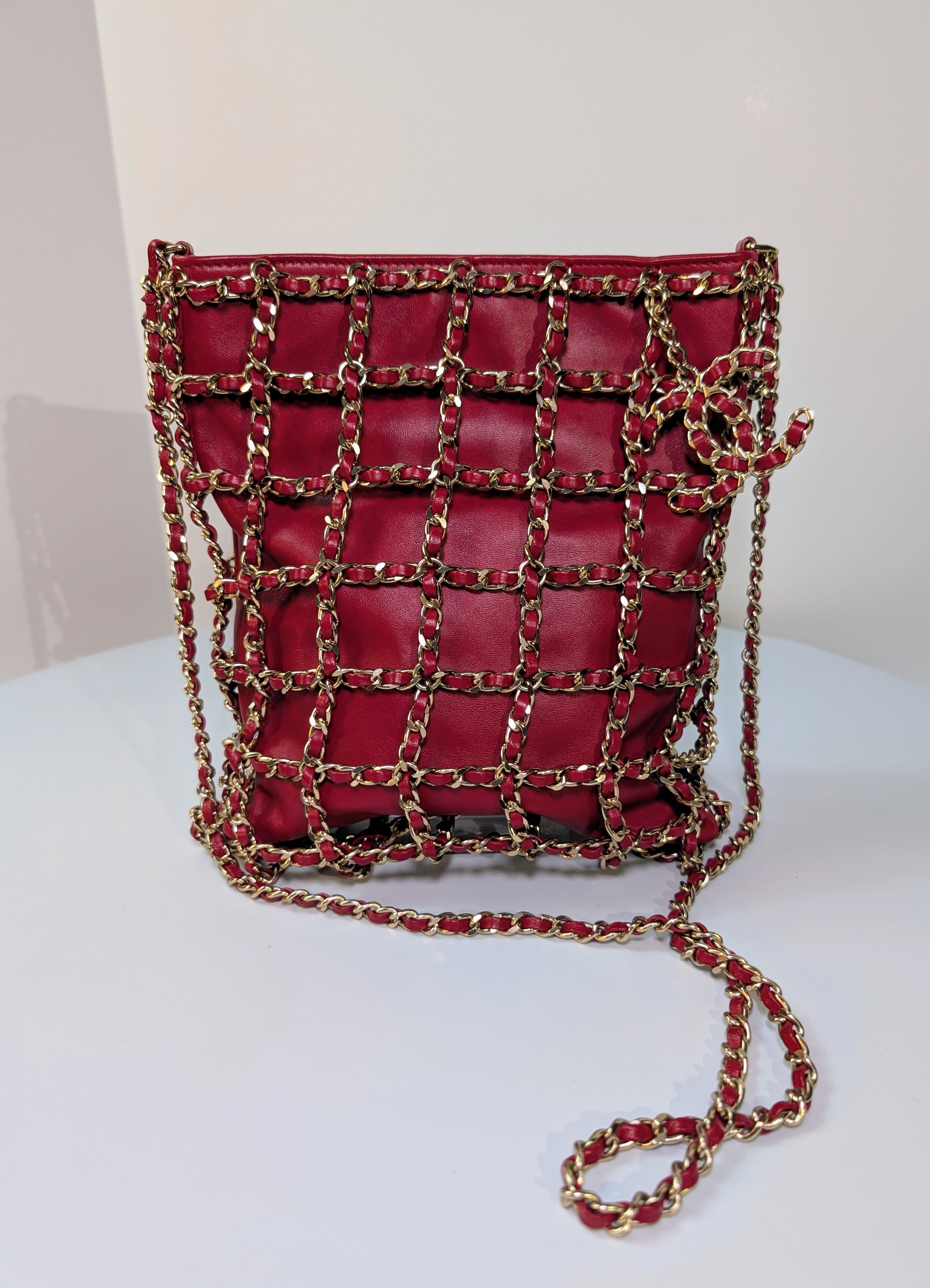 Chanel Limited-Edition Red Lambskin Runway Chain Cage Shopping Bag