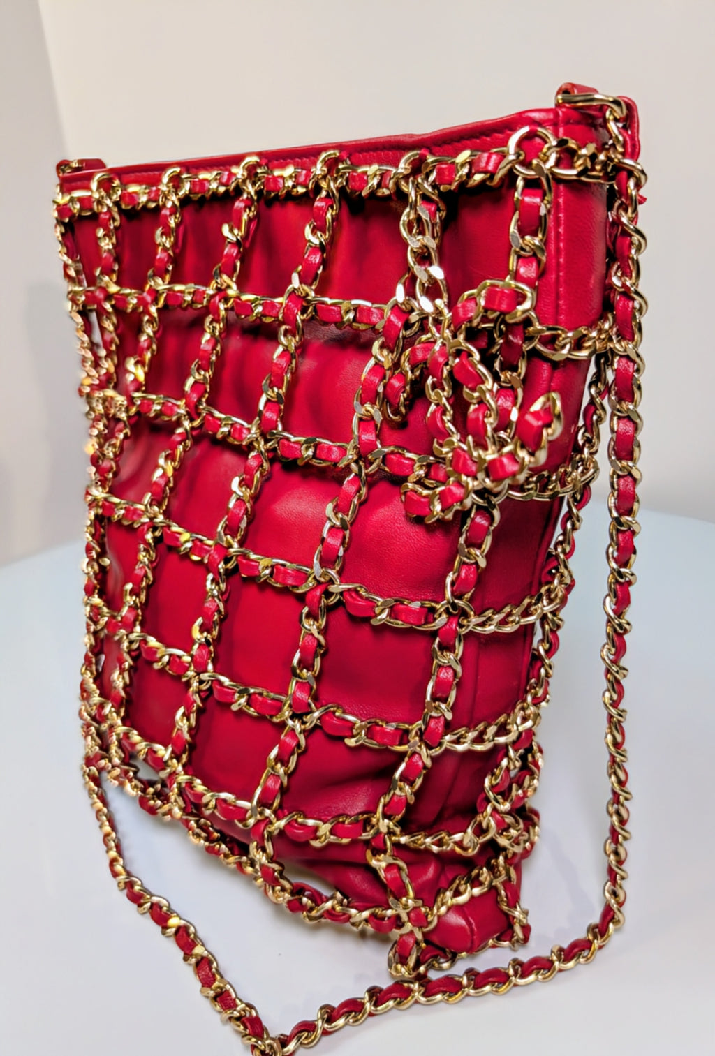 Chanel Limited-Edition Red Lambskin Runway Chain Cage Shopping Bag