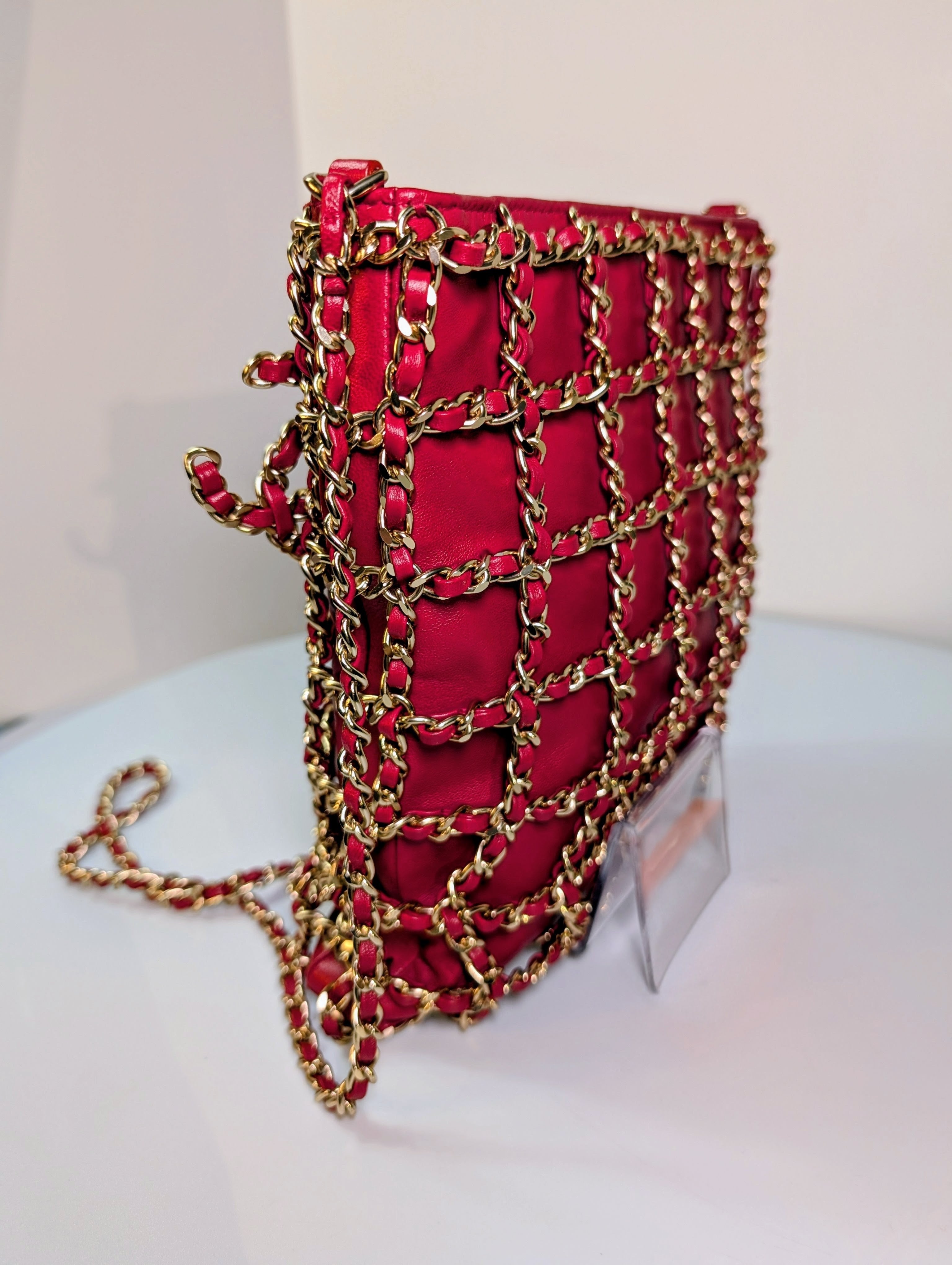 Chanel Limited-Edition Red Lambskin Runway Chain Cage Shopping Bag