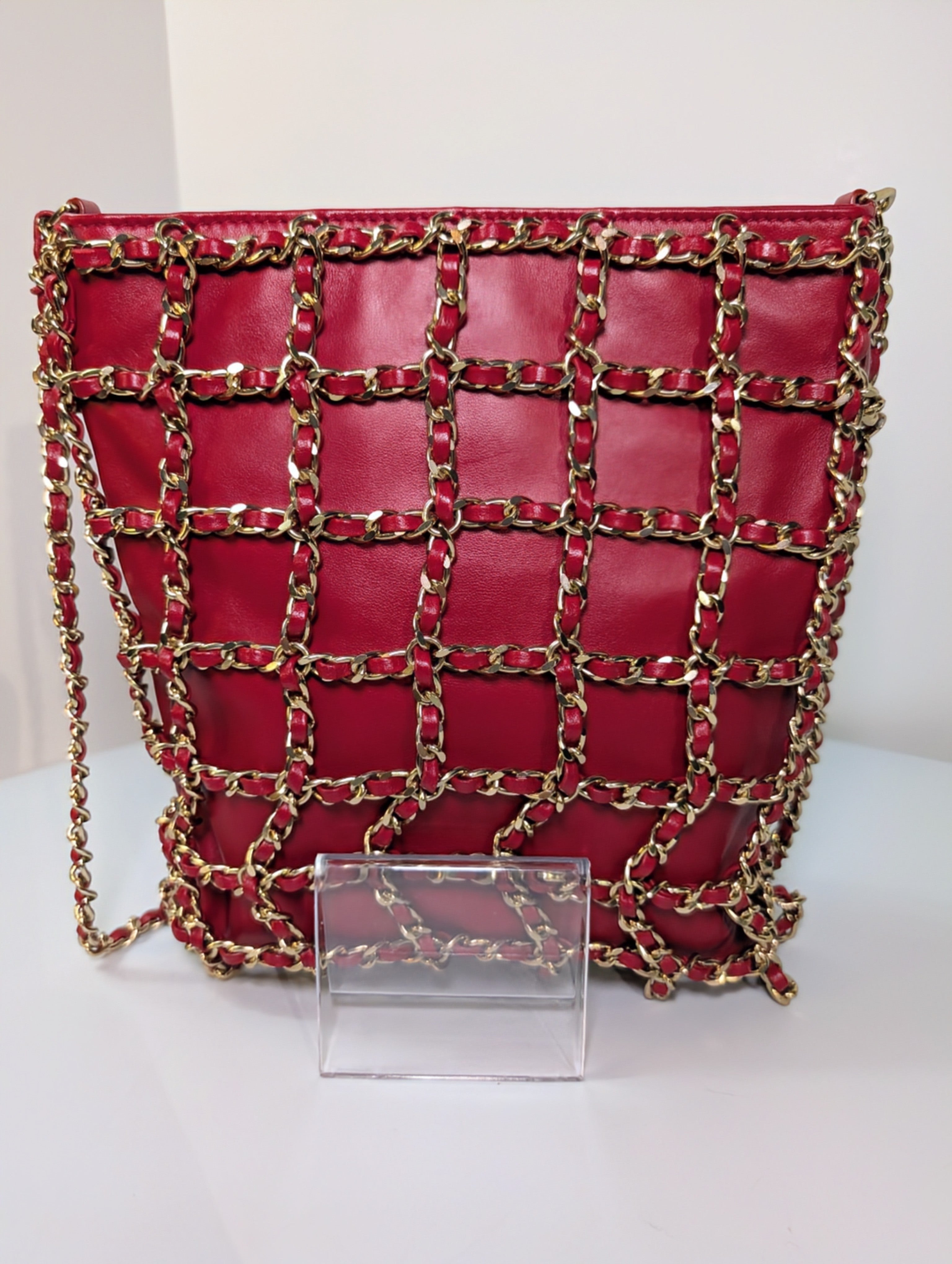 Chanel Limited-Edition Red Lambskin Runway Chain Cage Shopping Bag