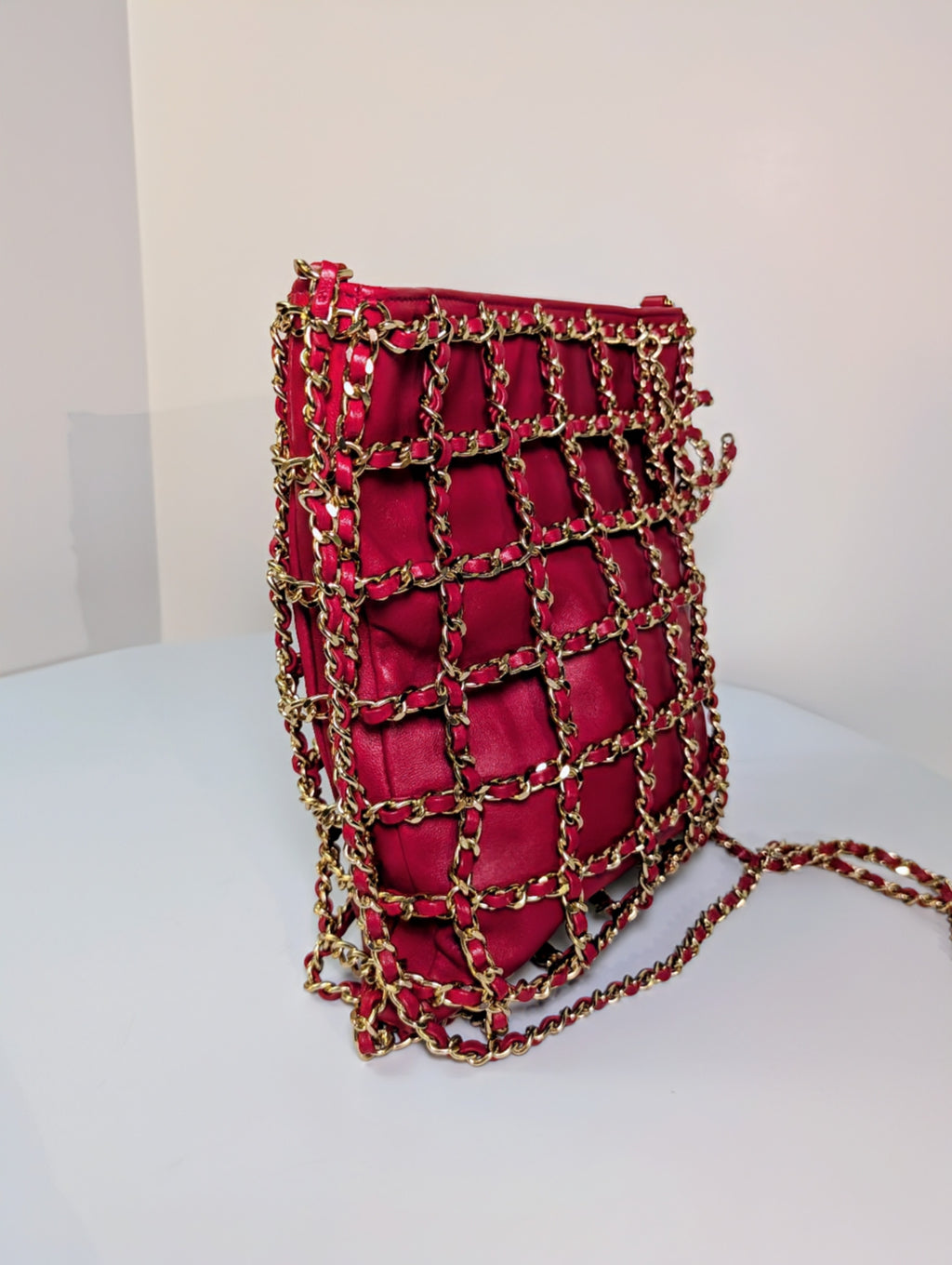 Chanel Limited-Edition Red Lambskin Runway Chain Cage Shopping Bag