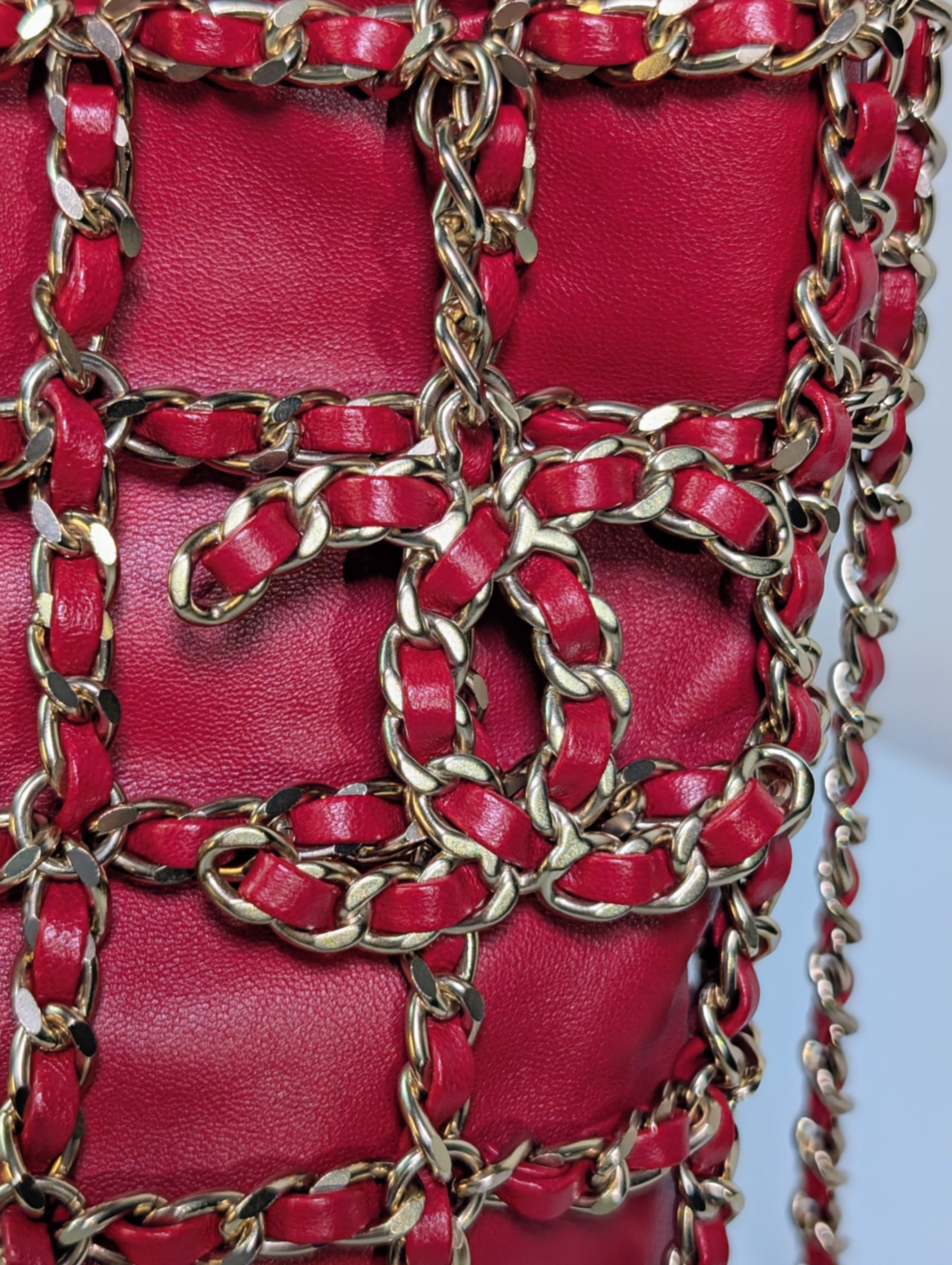 Chanel Limited-Edition Red Lambskin Runway Chain Cage Shopping Bag