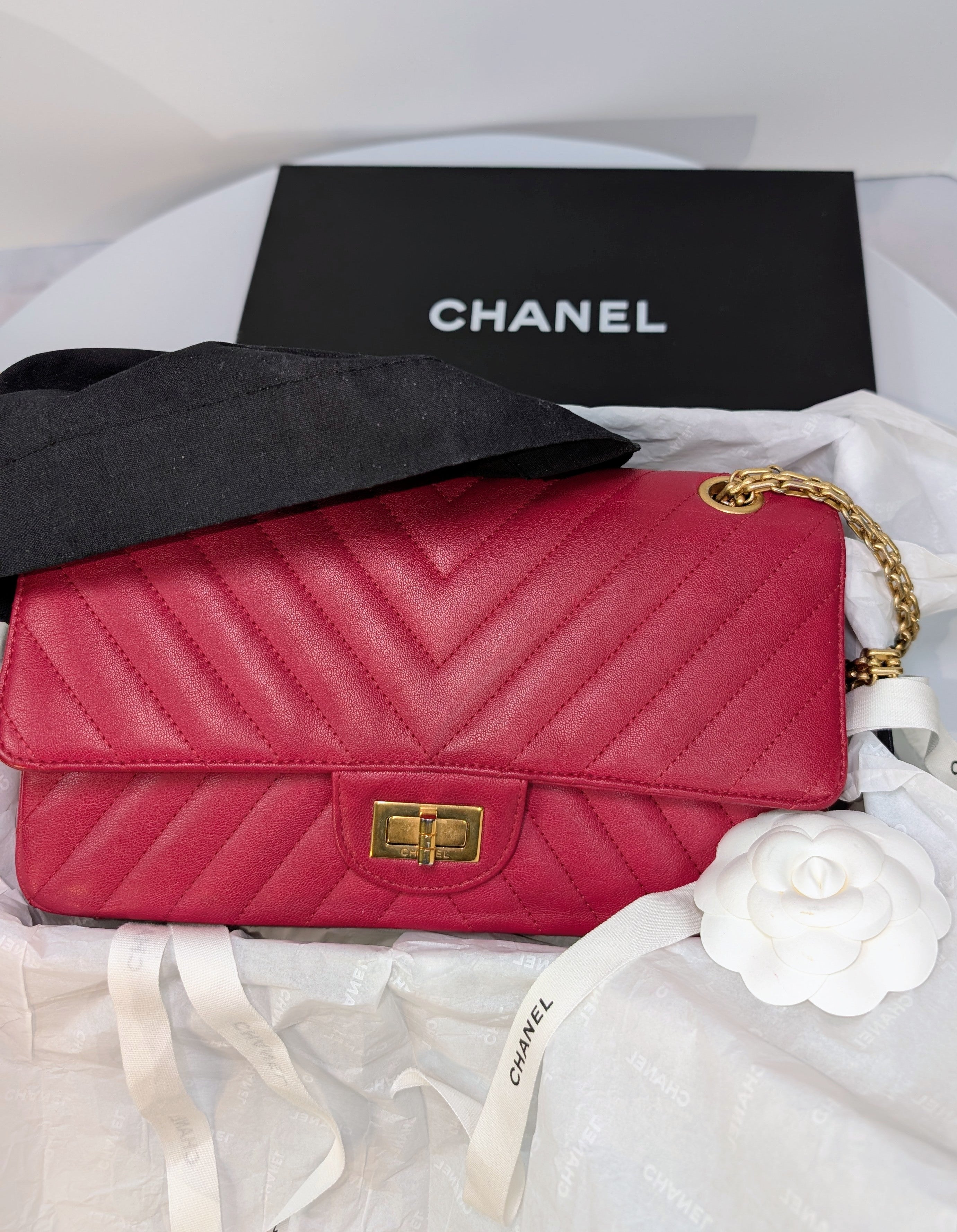 Chanel Raspberry Red Classic Chevron Blue Interior Reissue 2.55 Double Flap