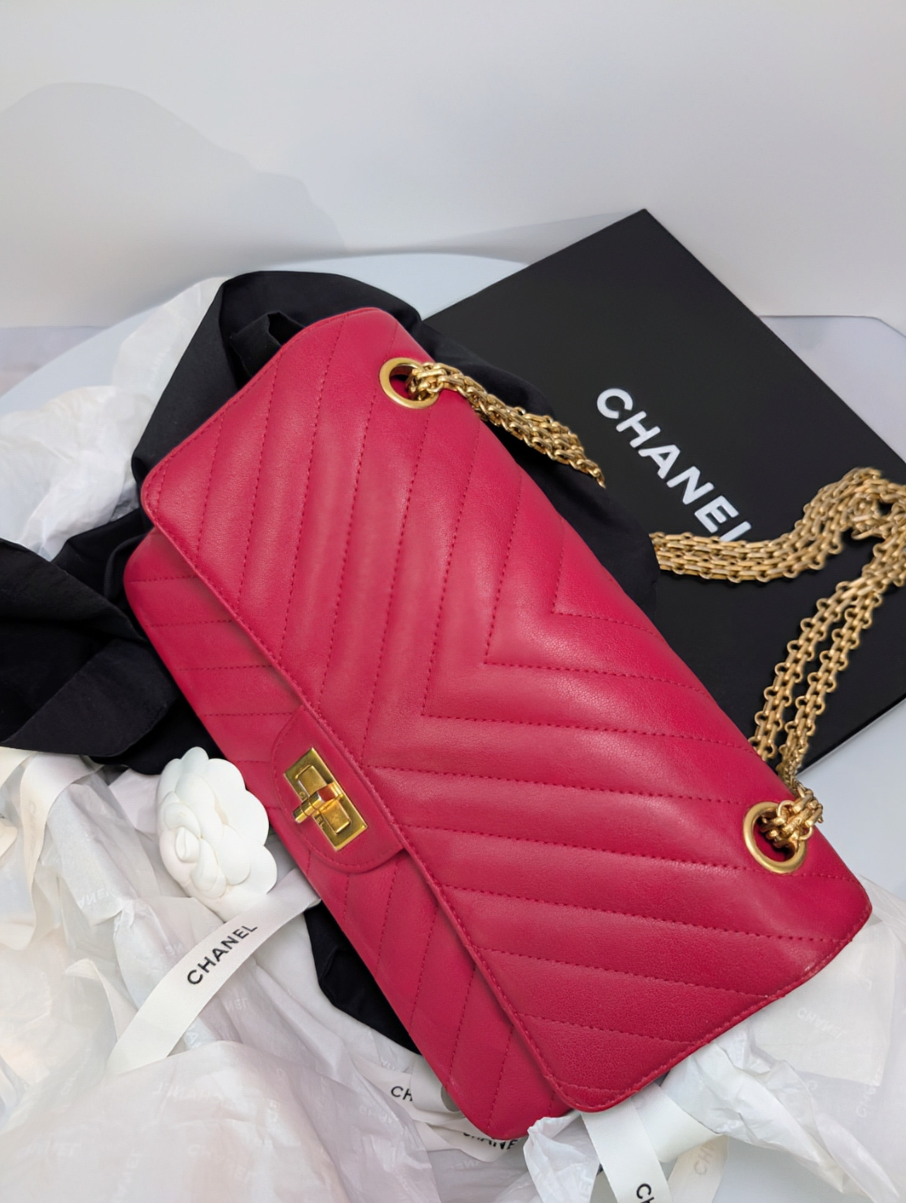 Chanel Raspberry Red Classic Chevron Blue Interior Reissue 2.55 Double Flap