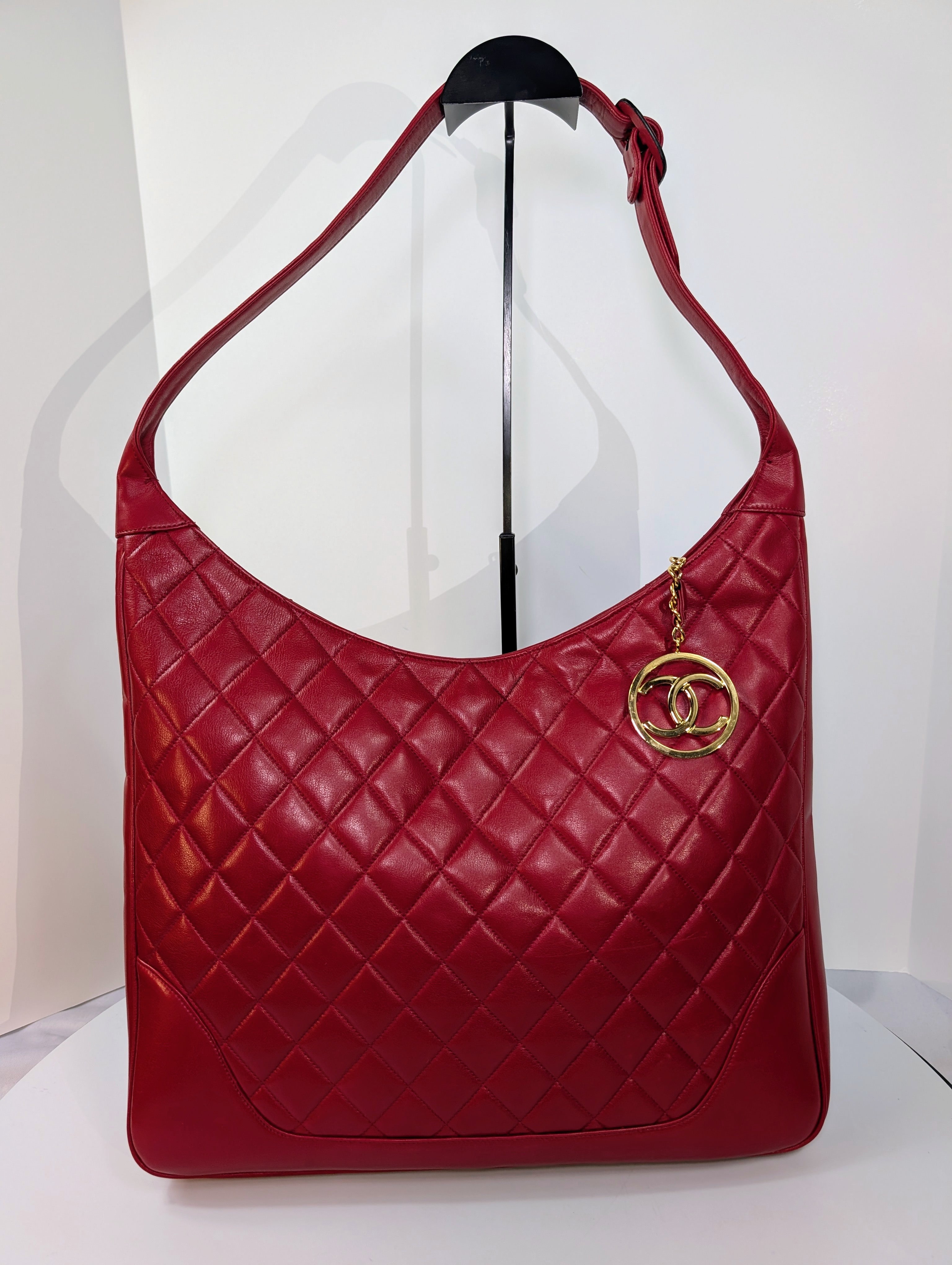 Chanel Vintage Red Quilted Lambskin XL Hobo Bag with 24k Gold-Plated Medallion