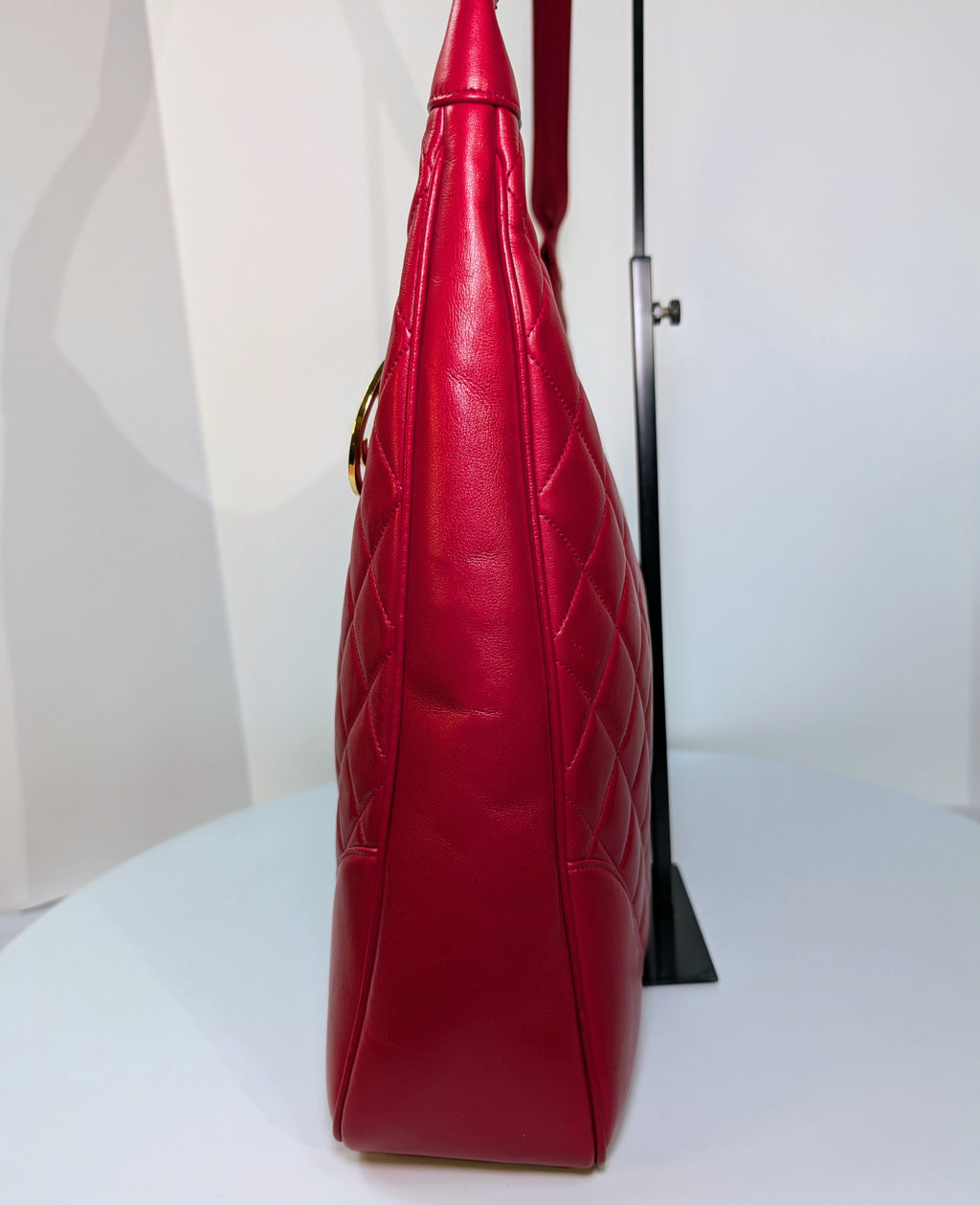Chanel Vintage Red Quilted Lambskin XL Hobo Bag with 24k Gold-Plated Medallion