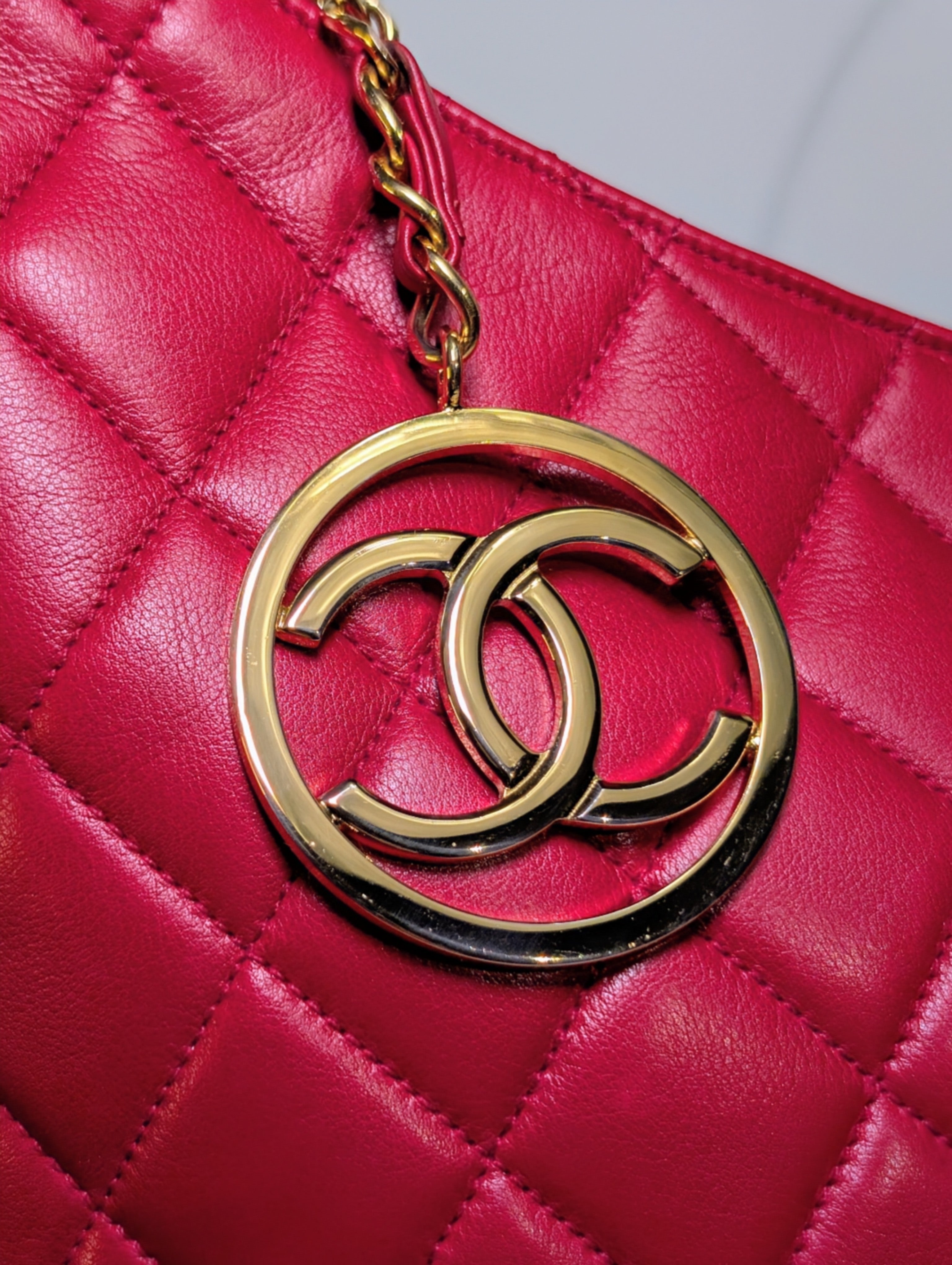 Chanel Vintage Red Quilted Lambskin XL Hobo Bag with 24k Gold-Plated Medallion