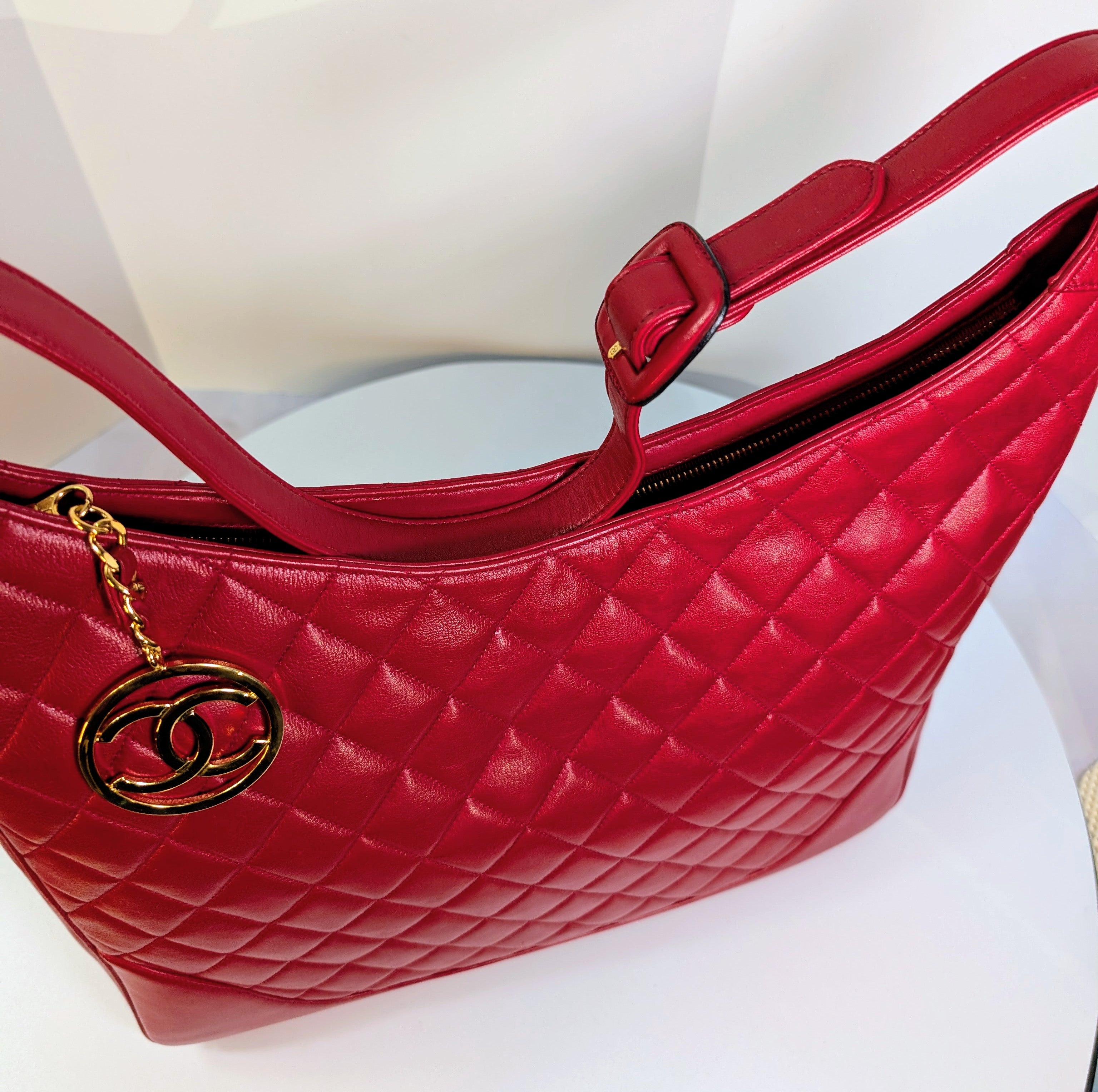 Chanel Vintage Red Quilted Lambskin XL Hobo Bag with 24k Gold-Plated Medallion