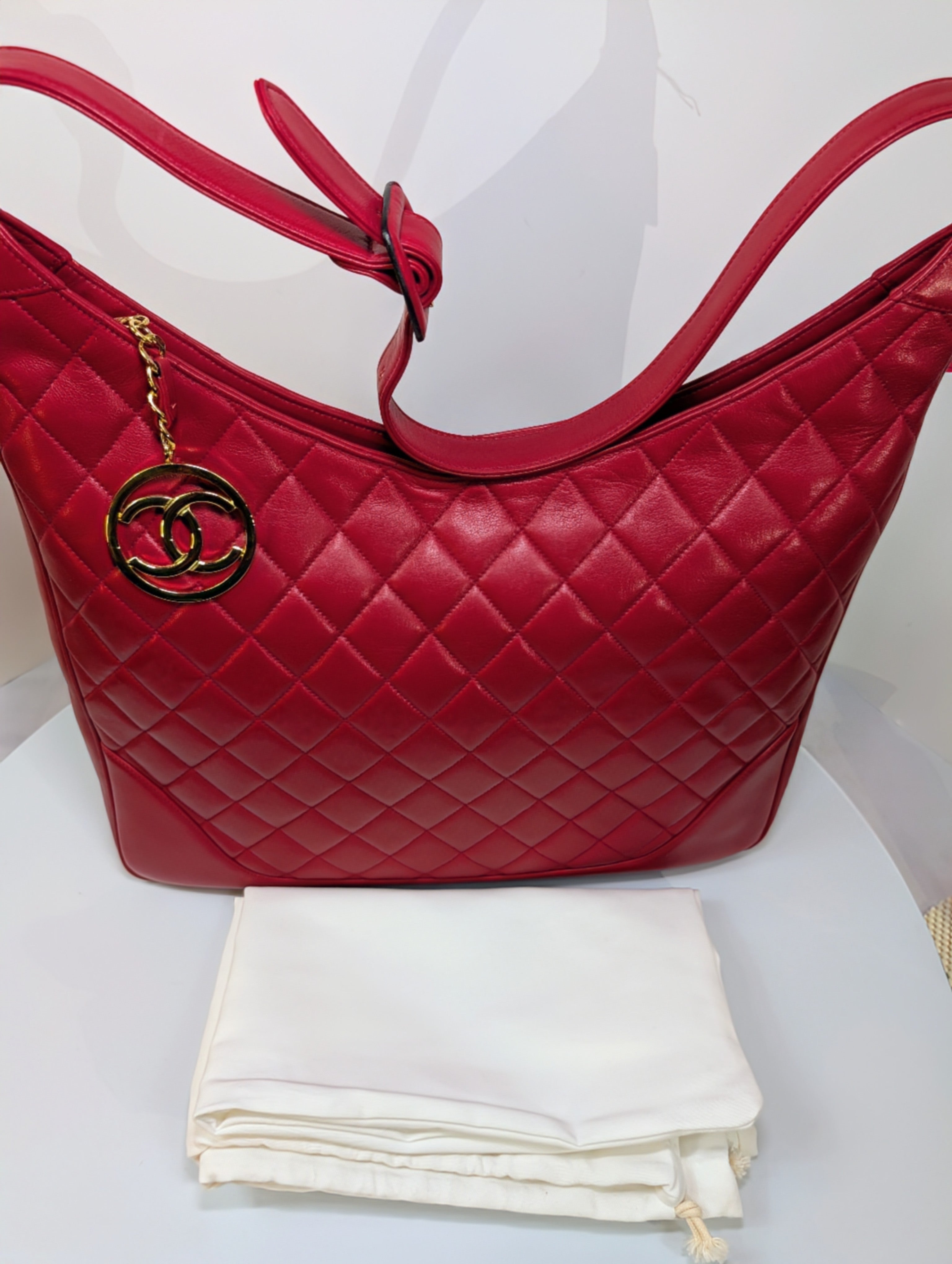 Chanel Vintage Red Quilted Lambskin XL Hobo Bag with 24k Gold-Plated Medallion